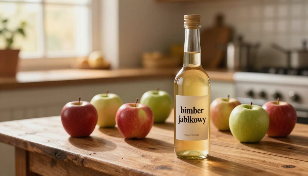 A beautifully arranged setting showcasing a bottle of homemade apple distillate, or "bimber jabłkowy," prominently displayed in the foreground, glistening in soft, warm lighting. In the middle, a rustic wooden table is adorned with fresh, whole apples in various shades of red and green, hinting at their freshness and natural sweetness. Behind this, a blurred backdrop reveals a cozy kitchen with traditional brewing equipment and soft, golden sunlight streaming through a window, creating a warm and inviting atmosphere. The overall mood reflects a deep appreciation for artisanal craftsmanship and the comforting essence of home brewing. Utilize a shallow depth of field to focus on the bottle while giving a soft focus to the apples and kitchen elements. A beautifully arranged setting showcasing a bottle of homemade apple distillate, or "bimber jabłkowy," prominently displayed in the foreground, glistening in soft, warm lighting. In the middle, a rustic wooden table is adorned with fresh, whole apples in various shades of red and green, hinting at their freshness and natural sweetness. Behind this, a blurred backdrop reveals a cozy kitchen with traditional brewing equipment and soft, golden sunlight streaming through a window, creating a warm and inviting atmosphere. The overall mood reflects a deep appreciation for artisanal craftsmanship and the comforting essence of home brewing. Utilize a shallow depth of field to focus on the bottle while giving a soft focus to the apples and kitchen elements.