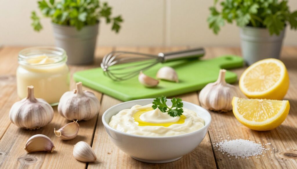 A beautifully arranged spread of garlic sauce ingredients on a rustic wooden table. In the foreground, a bowl of creamy garlic sauce, glistening with a drizzle of olive oil, garnished with fresh parsley. Surrounding the bowl, clusters of raw garlic cloves, a small jar of mayonnaise, a wedge of lemon, and a sprinkle of salt. In the middle, a vibrant green cutting board with garlic cloves and a small whisk. The background features softly blurred kitchen elements like herbs in pots and a light cream-colored wall. Natural sunlight streams in, creating a warm and inviting atmosphere. The image should evoke a sense of freshness, readiness to cook, and the comfort of Italian cuisine. A beautifully arranged spread of garlic sauce ingredients on a rustic wooden table. In the foreground, a bowl of creamy garlic sauce, glistening with a drizzle of olive oil, garnished with fresh parsley. Surrounding the bowl, clusters of raw garlic cloves, a small jar of mayonnaise, a wedge of lemon, and a sprinkle of salt. In the middle, a vibrant green cutting board with garlic cloves and a small whisk. The background features softly blurred kitchen elements like herbs in pots and a light cream-colored wall. Natural sunlight streams in, creating a warm and inviting atmosphere. The image should evoke a sense of freshness, readiness to cook, and the comfort of Italian cuisine.