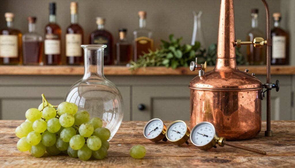A beautifully arranged still life image featuring the essential ingredients and equipment for distillation. In the foreground, display fresh, ripe grapes, a crystal-clear glass fermentation vessel, and a copper pot still gleaming under soft, warm lighting. In the middle, include a set of precise measuring instruments, such as a hydrometer and thermometer, meticulously laid out on a rustic wooden table. The background should feature shelves lined with bottles of distillate and assorted herbs, hinting at aromatic infusions, softly blurred to create depth. The overall atmosphere should evoke a sense of artisanal craft, warmth, and inviting ambiance, with a slight gloss reflecting the light, emphasizing the quality of the materials involved in producing fine spirits. A beautifully arranged still life image featuring the essential ingredients and equipment for distillation. In the foreground, display fresh, ripe grapes, a crystal-clear glass fermentation vessel, and a copper pot still gleaming under soft, warm lighting. In the middle, include a set of precise measuring instruments, such as a hydrometer and thermometer, meticulously laid out on a rustic wooden table. The background should feature shelves lined with bottles of distillate and assorted herbs, hinting at aromatic infusions, softly blurred to create depth. The overall atmosphere should evoke a sense of artisanal craft, warmth, and inviting ambiance, with a slight gloss reflecting the light, emphasizing the quality of the materials involved in producing fine spirits.
