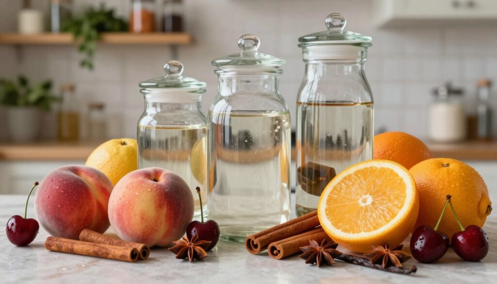 A beautifully arranged still-life scene depicting the "masterful balance of sweetness and dryness" in flavors. In the foreground, an elegant selection of ripe fruits like peaches, cherries, and citrus, glistening with dew, alongside an assortment of vibrant spices like cinnamon, star anise, and vanilla pods. In the middle ground, there are glass jars filled with clear spirits, reflecting light and showcasing their clarity. The background features a softly lit kitchen with wooden shelves filled with herbs and jars, providing a warm and inviting atmosphere. The lighting is natural, enhancing the colors and textures of the ingredients, and the overall mood is one of culinary artistry and sophistication. The angle captures depth, drawing the viewer into this harmonious blend of flavors.