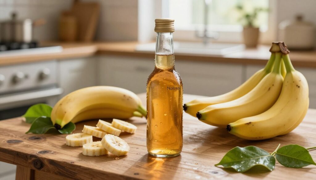 A beautifully arranged still life showcasing a bottle of homemade nalewka bananowa, surrounded by ripe yellow bananas and fresh green leaves. In the foreground, the amber liquid shines in the bottle, reflecting light, with delicate condensation droplets adding freshness. The middle layer features elegantly placed banana slices and a cozy, rustic wooden table that suggests a homey atmosphere. The background fades softly into a warm, inviting kitchen setting with natural light streaming through a window, creating a serene and cheerful ambiance. The overall mood is inviting and comforting, ideal for a dessert beverage. The angle should be slightly elevated, focusing on the arrangement while capturing the enchanting essence of this delightful drink. A beautifully arranged still life showcasing a bottle of homemade nalewka bananowa, surrounded by ripe yellow bananas and fresh green leaves. In the foreground, the amber liquid shines in the bottle, reflecting light, with delicate condensation droplets adding freshness. The middle layer features elegantly placed banana slices and a cozy, rustic wooden table that suggests a homey atmosphere. The background fades softly into a warm, inviting kitchen setting with natural light streaming through a window, creating a serene and cheerful ambiance. The overall mood is inviting and comforting, ideal for a dessert beverage. The angle should be slightly elevated, focusing on the arrangement while capturing the enchanting essence of this delightful drink.