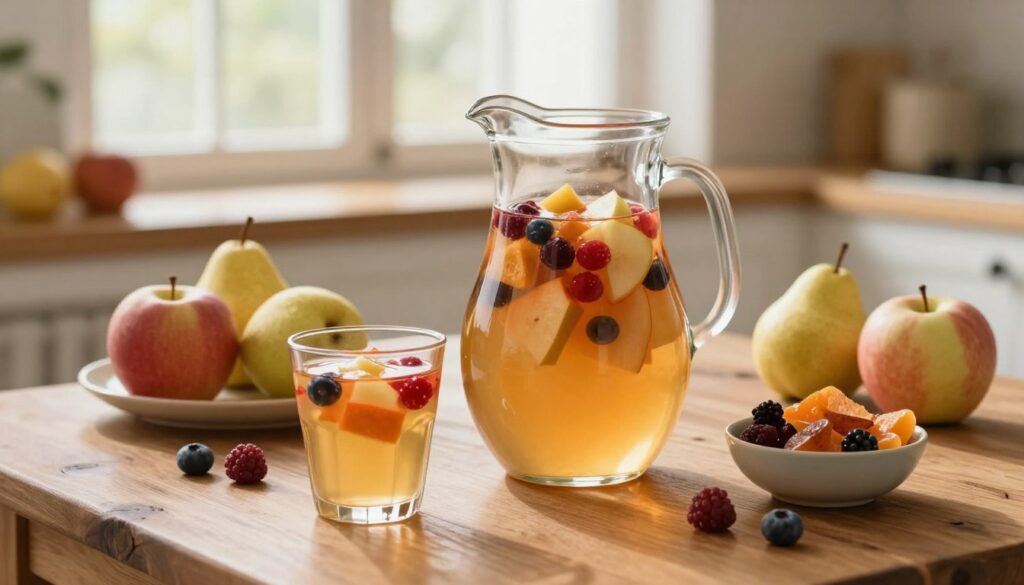 A beautifully arranged table featuring a glass pitcher filled with colorful homemade kompot, surrounded by an assortment of fresh fruits like apples, pears, and berries, along with a small bowl of dried fruits. In the foreground, a glass of the kompot is placed next to the pitcher, capturing the vibrant colors and textures of the fruits within. The middle ground showcases a rustic wooden table, reminiscent of a cozy kitchen, while the background features a softly blurred window allowing warm, natural light to flood the scene, creating a warm and inviting atmosphere. The composition should evoke feelings of comfort and nostalgia, ideal for highlighting the homemade nature of this fruit drink. A beautifully arranged table featuring a glass pitcher filled with colorful homemade kompot, surrounded by an assortment of fresh fruits like apples, pears, and berries, along with a small bowl of dried fruits. In the foreground, a glass of the kompot is placed next to the pitcher, capturing the vibrant colors and textures of the fruits within. The middle ground showcases a rustic wooden table, reminiscent of a cozy kitchen, while the background features a softly blurred window allowing warm, natural light to flood the scene, creating a warm and inviting atmosphere. The composition should evoke feelings of comfort and nostalgia, ideal for highlighting the homemade nature of this fruit drink.