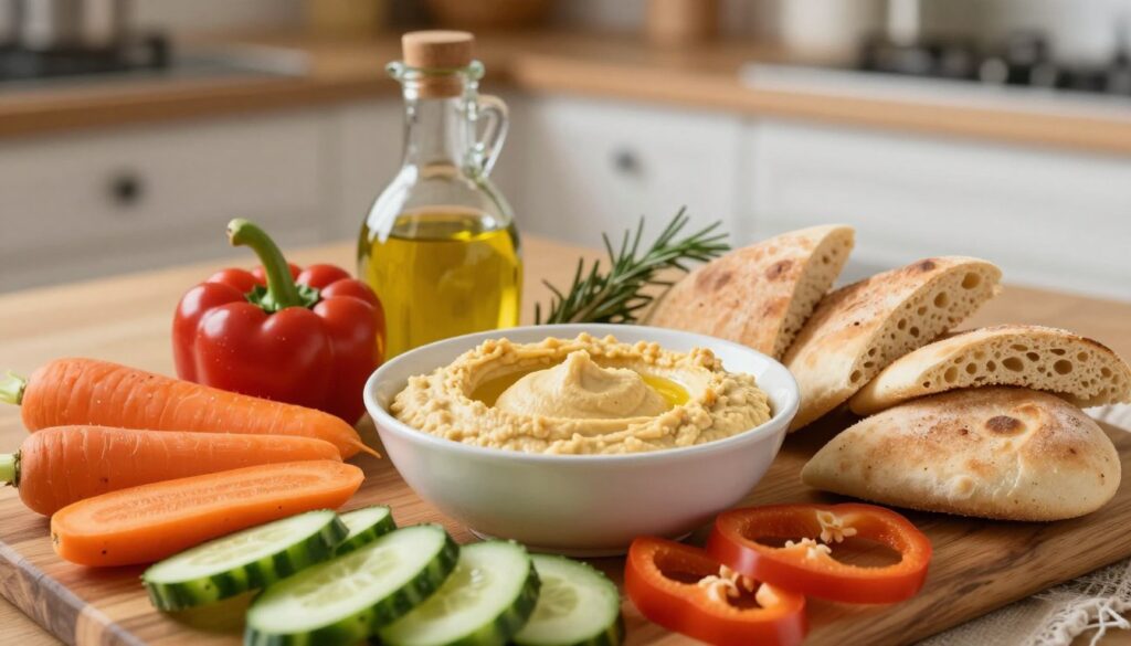 A beautifully arranged table featuring a variety of fresh vegetables and breads to enjoy with hummus. In the foreground, vibrant carrots, cucumbers, and bell peppers are artistically sliced and placed on a rustic wooden board. A bowl of creamy, golden hummus sits prominently in the center, surrounded by warm pita bread cut into triangles, invitingly displayed. In the middle ground, a small jar of olive oil glistens, with a sprig of rosemary resting nearby to enhance the aesthetic. The background consists of a softly blurred kitchen setting with warm, natural lighting, creating an inviting and cozy atmosphere. Capture a close-up angle to highlight the textures and colors, conveying the mood of a harmonious dining experience that enhances the flavor of hummus. A beautifully arranged table featuring a variety of fresh vegetables and breads to enjoy with hummus. In the foreground, vibrant carrots, cucumbers, and bell peppers are artistically sliced and placed on a rustic wooden board. A bowl of creamy, golden hummus sits prominently in the center, surrounded by warm pita bread cut into triangles, invitingly displayed. In the middle ground, a small jar of olive oil glistens, with a sprig of rosemary resting nearby to enhance the aesthetic. The background consists of a softly blurred kitchen setting with warm, natural lighting, creating an inviting and cozy atmosphere. Capture a close-up angle to highlight the textures and colors, conveying the mood of a harmonious dining experience that enhances the flavor of hummus.