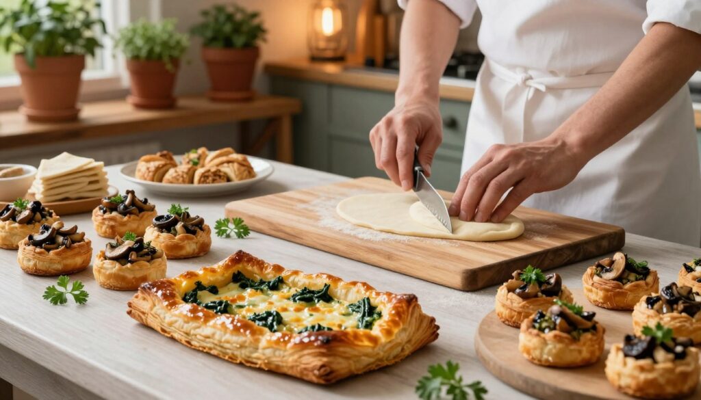 A beautifully arranged table laden with freshly baked savory dishes made from flaky puff pastry. In the foreground, showcase a golden-brown, flaky pastry filled with spinach and cheese, glistening under soft, warm lighting. Alongside, display small pastry bites filled with mushrooms and herbs, all garnished with fresh parsley. In the middle ground, feature a rustic wooden cutting board, where a pastry chef is elegantly cutting shapes from soft dough, wearing a simple white apron. The background reveals a cozy kitchen setting with a rustic wooden shelf populated with herbs in terracotta pots and warm lighting creating a welcoming atmosphere. The scene exudes a homely and inviting mood, perfect for a dinner setting, highlighting the versatility of puff pastry.