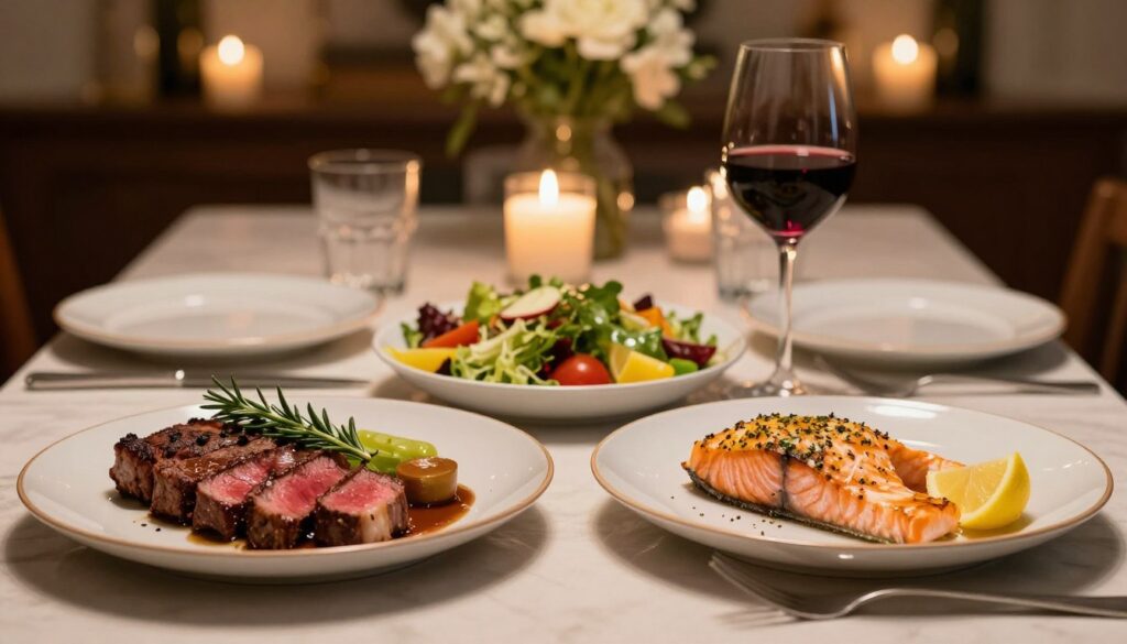 A beautifully arranged table setting for a romantic dinner featuring a selection of elegant meat and fish dishes. In the foreground, a platter of perfectly cooked steak slices, garnished with fresh herbs, and a delicate bowl of herb-crusted salmon fillets, served with a lemon wedge. In the middle, a vibrant side salad with colorful vegetables and a glass of red wine. The background displays softly lit candles and a dimly lit room adorned with tasteful decorations, creating a warm and inviting atmosphere. The lighting is soft and intimate, highlighting the textures of the food. The image captures the essence of a special evening, evoking feelings of romance and celebration.