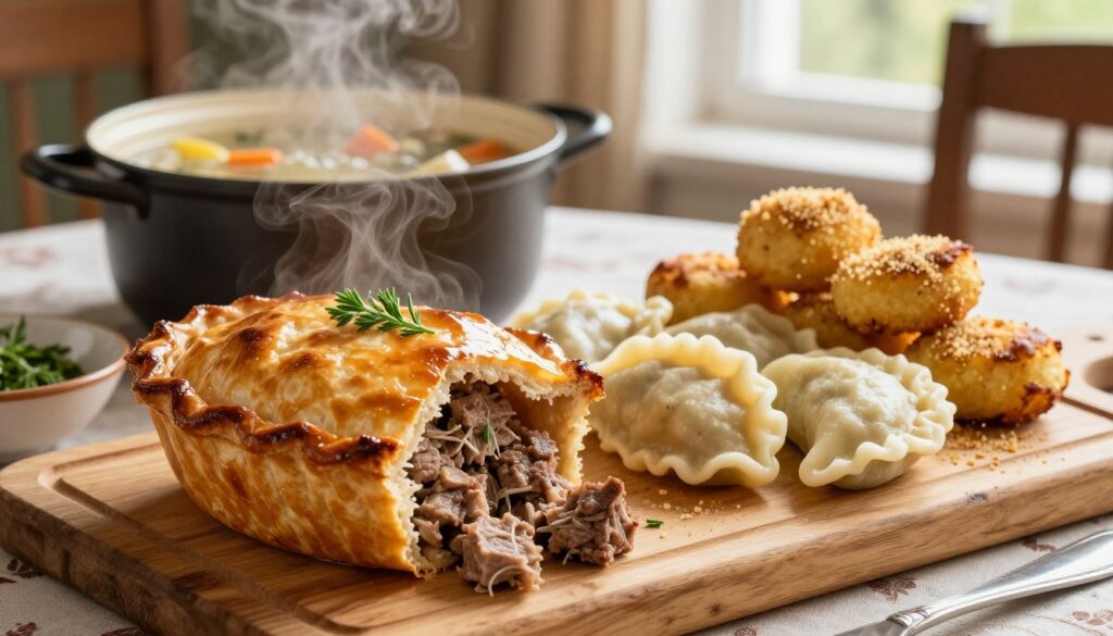 A beautifully arranged table showcasing classic dishes made from boiled meat. In the foreground, a golden-brown meat pie (pasztet) glistens, with chunks of tender meat visible, garnished with fresh herbs. Beside it, steaming pierogi filled with savory meat, set on a rustic wooden cutting board. Golden-brown krokiety lightly dusted with breadcrumbs are artistically piled. In the background, an inviting pot of broth with vegetables bubbles gently, casting warm lighting across the scene. Soft, natural light filters through a window, creating a cozy atmosphere reminiscent of a traditional dining room. The composition should evoke warmth and comfort, perfect for a hearty meal on a family table. A beautifully arranged table showcasing classic dishes made from boiled meat. In the foreground, a golden-brown meat pie (pasztet) glistens, with chunks of tender meat visible, garnished with fresh herbs. Beside it, steaming pierogi filled with savory meat, set on a rustic wooden cutting board. Golden-brown krokiety lightly dusted with breadcrumbs are artistically piled. In the background, an inviting pot of broth with vegetables bubbles gently, casting warm lighting across the scene. Soft, natural light filters through a window, creating a cozy atmosphere reminiscent of a traditional dining room. The composition should evoke warmth and comfort, perfect for a hearty meal on a family table.