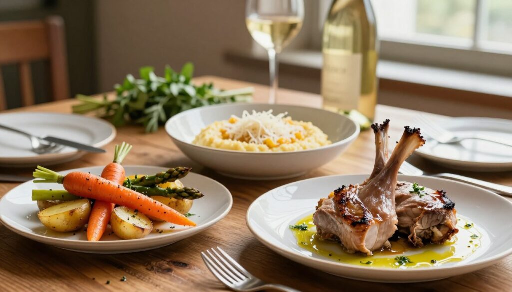 A beautifully arranged table showcasing elegant side dishes that pair perfectly with tender rabbit meat. In the foreground, a vibrant plate of roasted seasonal vegetables, including carrots, asparagus, and potatoes, artfully glistening with olive oil and herbs. In the middle, a bowl of creamy polenta topped with grated Parmesan, exuding warmth and comfort. In the background, a rustic wooden table adorned with fresh herbs and a bottle of white wine, softly lit by warm, natural sunlight that filters through a window, creating a cozy atmosphere. The scene evokes a sense of culinary delight and togetherness, perfect for a sophisticated dining experience. Use a shallow depth of field to keep the focus on the dishes while allowing a soft blur on the background. A beautifully arranged table showcasing elegant side dishes that pair perfectly with tender rabbit meat. In the foreground, a vibrant plate of roasted seasonal vegetables, including carrots, asparagus, and potatoes, artfully glistening with olive oil and herbs. In the middle, a bowl of creamy polenta topped with grated Parmesan, exuding warmth and comfort. In the background, a rustic wooden table adorned with fresh herbs and a bottle of white wine, softly lit by warm, natural sunlight that filters through a window, creating a cozy atmosphere. The scene evokes a sense of culinary delight and togetherness, perfect for a sophisticated dining experience. Use a shallow depth of field to keep the focus on the dishes while allowing a soft blur on the background.