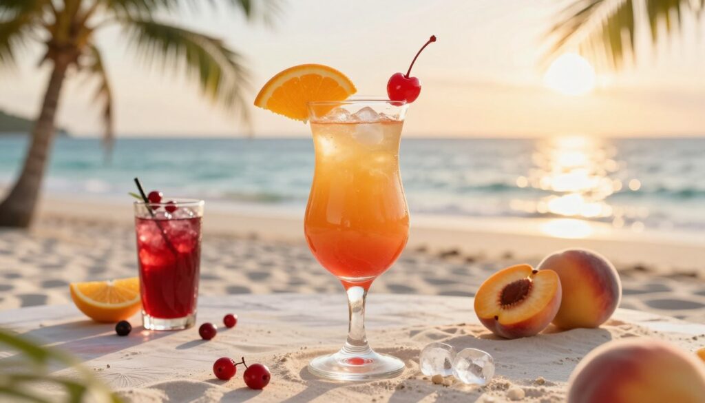 A beautifully arranged tabletop scene featuring a refreshing Sex on the Beach cocktail, adorned with a slice of orange and a cherry on top, served in a classic curvy glass. In the foreground, focus on the vibrant cocktail garnished with colorful fruit and surrounded by additional cocktail ingredients like cranberry juice, peach schnapps, and ice. The middle layer features a breezy beach setting with soft white sand and gently swaying palm trees. In the background, a serene ocean glimmers under a golden sunset, casting warm, soft lighting across the scene. The atmosphere is relaxed and inviting, evoking a sense of summer fun and enjoyment by the seaside. The composition should highlight the cocktail as the centerpiece, with the beach ambiance enhancing the overall mood. A beautifully arranged tabletop scene featuring a refreshing Sex on the Beach cocktail, adorned with a slice of orange and a cherry on top, served in a classic curvy glass. In the foreground, focus on the vibrant cocktail garnished with colorful fruit and surrounded by additional cocktail ingredients like cranberry juice, peach schnapps, and ice. The middle layer features a breezy beach setting with soft white sand and gently swaying palm trees. In the background, a serene ocean glimmers under a golden sunset, casting warm, soft lighting across the scene. The atmosphere is relaxed and inviting, evoking a sense of summer fun and enjoyment by the seaside. The composition should highlight the cocktail as the centerpiece, with the beach ambiance enhancing the overall mood.