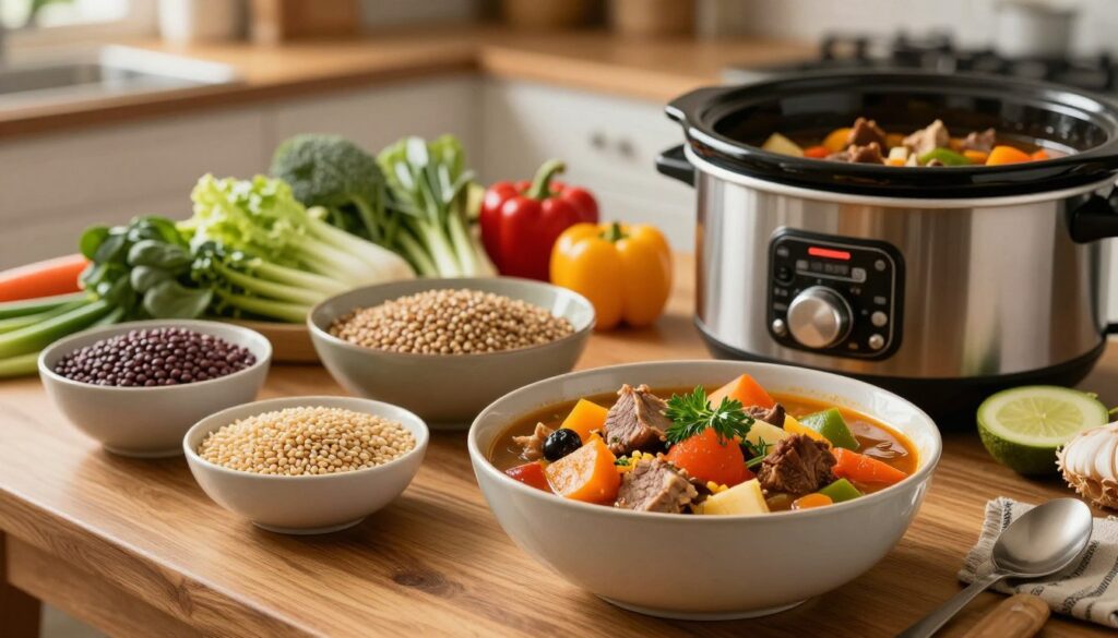 A beautifully arranged wooden table showcasing a variety of healthy, colorful ingredients typically used in slow cooker meals, such as vegetables, lentils, and meats. In the foreground, there is a bowl filled with a vibrant stew simmering in a slow cooker, with fresh herbs sprinkled on top. The middle ground features an array of whole grains and fresh produce in an appealing layout, emphasizing their rich nutritional values. The background includes soft, warm lighting, casting a cozy atmosphere perfect for family dining. A blurred kitchen setting enhances the focus on the nutritious meal. The overall mood is inviting and wholesome, reflecting the health benefits of slow-cooked dishes. A beautifully arranged wooden table showcasing a variety of healthy, colorful ingredients typically used in slow cooker meals, such as vegetables, lentils, and meats. In the foreground, there is a bowl filled with a vibrant stew simmering in a slow cooker, with fresh herbs sprinkled on top. The middle ground features an array of whole grains and fresh produce in an appealing layout, emphasizing their rich nutritional values. The background includes soft, warm lighting, casting a cozy atmosphere perfect for family dining. A blurred kitchen setting enhances the focus on the nutritious meal. The overall mood is inviting and wholesome, reflecting the health benefits of slow-cooked dishes.