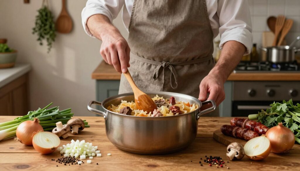 A beautifully arranged wooden table that showcases the step-by-step process of making traditional bigos, a Polish cabbage and meat stew. In the foreground, a large pot filled with simmering bigos, rich with chunks of sauerkraut, shredded cabbage, and various meats like sausage and pork. Surrounding the pot are fresh ingredients, including chopped onions, mushrooms, and spices, meticulously laid out. In the middle ground, a chef in a modest apron, demonstrating the cooking process with a wooden spoon, stirring the pot with care. The background features a rustic kitchen with warm, inviting lighting, soft shadows cast by hanging herbs and wooden utensils. The atmosphere evokes a sense of comfort and tradition, focusing on the delicious meal being prepared. A beautifully arranged wooden table that showcases the step-by-step process of making traditional bigos, a Polish cabbage and meat stew. In the foreground, a large pot filled with simmering bigos, rich with chunks of sauerkraut, shredded cabbage, and various meats like sausage and pork. Surrounding the pot are fresh ingredients, including chopped onions, mushrooms, and spices, meticulously laid out. In the middle ground, a chef in a modest apron, demonstrating the cooking process with a wooden spoon, stirring the pot with care. The background features a rustic kitchen with warm, inviting lighting, soft shadows cast by hanging herbs and wooden utensils. The atmosphere evokes a sense of comfort and tradition, focusing on the delicious meal being prepared.