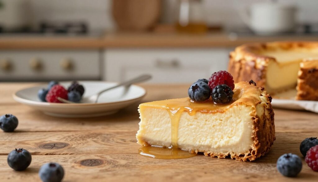 A beautifully baked slice of "sernik twaróg" resting on a rustic wooden table, showcasing its creamy, rich texture and golden-brown crust. The foreground features the cheesecake adorned with fresh berries and a drizzle of honey, highlighting its sweetness. In the middle, a small plate with a fork sits invitingly beside the slice, enhancing the appetizing look. The background includes a soft-focus scene of a cozy kitchen, with warm lighting casting a gentle glow that evokes a comforting and inviting atmosphere. Capture this with a shallow depth of field to emphasize the cheesecake while softly blurring the kitchen details, creating a warm, homely mood that celebrates sweet desserts. A beautifully baked slice of "sernik twaróg" resting on a rustic wooden table, showcasing its creamy, rich texture and golden-brown crust. The foreground features the cheesecake adorned with fresh berries and a drizzle of honey, highlighting its sweetness. In the middle, a small plate with a fork sits invitingly beside the slice, enhancing the appetizing look. The background includes a soft-focus scene of a cozy kitchen, with warm lighting casting a gentle glow that evokes a comforting and inviting atmosphere. Capture this with a shallow depth of field to emphasize the cheesecake while softly blurring the kitchen details, creating a warm, homely mood that celebrates sweet desserts.