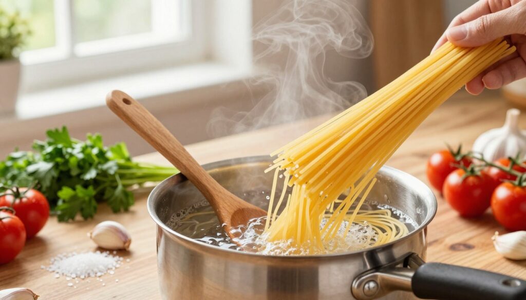 A beautifully captured moment of cooking al dente pasta in a bright and cozy kitchen. In the foreground, a stainless steel pot filled with boiling water, steam gently rising. Raw spaghetti is elegantly twirling into the pot, with a few strands floating. The middle ground features a wooden spoon resting against the pot, with a sprinkle of sea salt beside it. Colorful fresh ingredients, such as chopped parsley, ripe cherry tomatoes, and garlic cloves, are artfully arranged on a rustic wooden countertop. In the background, soft natural light streams through a window, illuminating the scene and creating a warm, inviting atmosphere. The composition is shot from a slightly elevated angle to showcase the vibrant colors and textures, capturing the essence of cooking pasta to perfection.