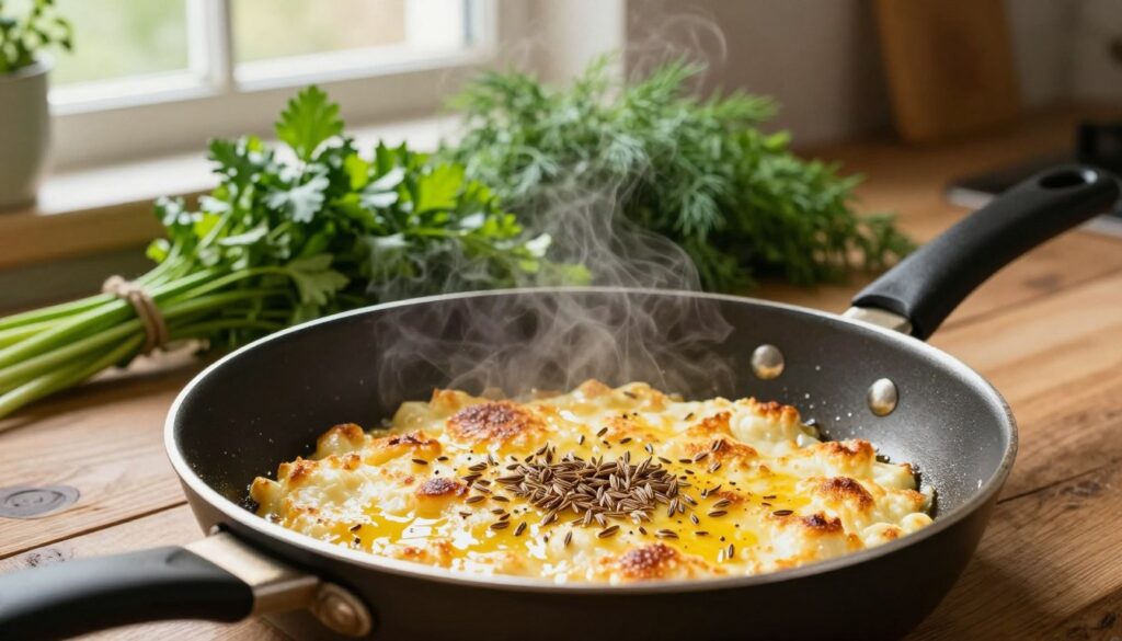A beautifully composed kitchen scene showcasing the art of frying cheese with caraway seeds in butter. In the foreground, a non-stick pan sizzles with golden-brown cheese, glistening with melted butter, while caraway seeds are sprinkled on top for added texture and flavor. The middle ground features an assortment of fresh, colorful herbs, such as parsley and dill, arranged neatly on a rustic wooden countertop, creating a vibrant contrast. In the background, soft, warm lighting filters through a nearby window, casting gentle shadows and enhancing the cozy atmosphere. A hint of steam rises from the pan, evoking a sense of delicious anticipation. The scene is inviting and homely, perfect for illustrating traditional cooking techniques.