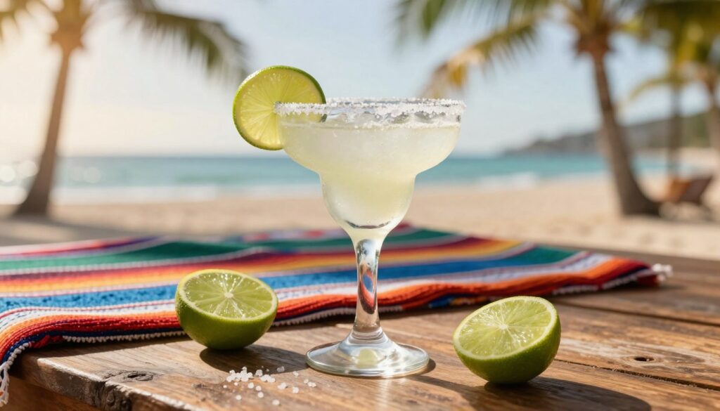 A beautifully composed still life featuring a classic Margarita cocktail. In the foreground, a frosted glass filled with a refreshing Margarita, garnished with a slice of lime and a sprinkle of salt on the rim. Surround the glass with vibrant, fresh lime halves and a few salt crystals. In the middle ground, a rustic wooden table adorned with a colorful woven tablecloth, enhancing the festive atmosphere. In the background, soft-focus elements of a sunlit Mexican beach with palm trees swaying gently, creating a warm, inviting mood. The lighting should be bright and natural, mimicking the golden hour glow, bringing out the vibrant colors of the cocktail and ingredients. The angle should be slightly above eye-level, capturing both the drink and the idyllic scenery in one harmonious frame. A beautifully composed still life featuring a classic Margarita cocktail. In the foreground, a frosted glass filled with a refreshing Margarita, garnished with a slice of lime and a sprinkle of salt on the rim. Surround the glass with vibrant, fresh lime halves and a few salt crystals. In the middle ground, a rustic wooden table adorned with a colorful woven tablecloth, enhancing the festive atmosphere. In the background, soft-focus elements of a sunlit Mexican beach with palm trees swaying gently, creating a warm, inviting mood. The lighting should be bright and natural, mimicking the golden hour glow, bringing out the vibrant colors of the cocktail and ingredients. The angle should be slightly above eye-level, capturing both the drink and the idyllic scenery in one harmonious frame.