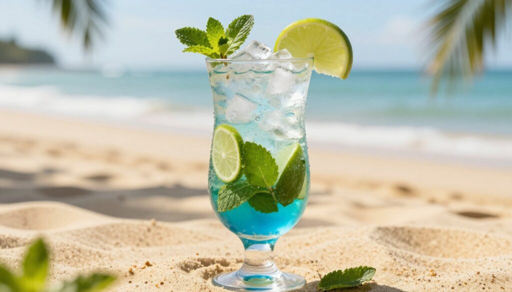A beautifully crafted Malibu Mojito cocktail, prominently displayed in a tall, elegant glass filled with crushed ice, glistening droplets of condensation adorning the surface. The cocktail features layers of vibrant, green mint leaves, slices of fresh lime, and a rich blue hue from Malibu rum, topped with sparkling soda water for a refreshing finish. Set against a bright, sunlit tropical beach background with soft golden sands and gentle ocean waves, creating a serene atmosphere. The lighting is warm and inviting, casting soft shadows that enhance the drink's textures. The scene captures a relaxed, rejuvenating mood, embodying summer and tropical escape. Aim for a close-up angle to emphasize the cocktail's refreshing detail, while keeping the composition refined and inviting. No people in the image. A beautifully crafted Malibu Mojito cocktail, prominently displayed in a tall, elegant glass filled with crushed ice, glistening droplets of condensation adorning the surface. The cocktail features layers of vibrant, green mint leaves, slices of fresh lime, and a rich blue hue from Malibu rum, topped with sparkling soda water for a refreshing finish. Set against a bright, sunlit tropical beach background with soft golden sands and gentle ocean waves, creating a serene atmosphere. The lighting is warm and inviting, casting soft shadows that enhance the drink's textures. The scene captures a relaxed, rejuvenating mood, embodying summer and tropical escape. Aim for a close-up angle to emphasize the cocktail's refreshing detail, while keeping the composition refined and inviting. No people in the image.