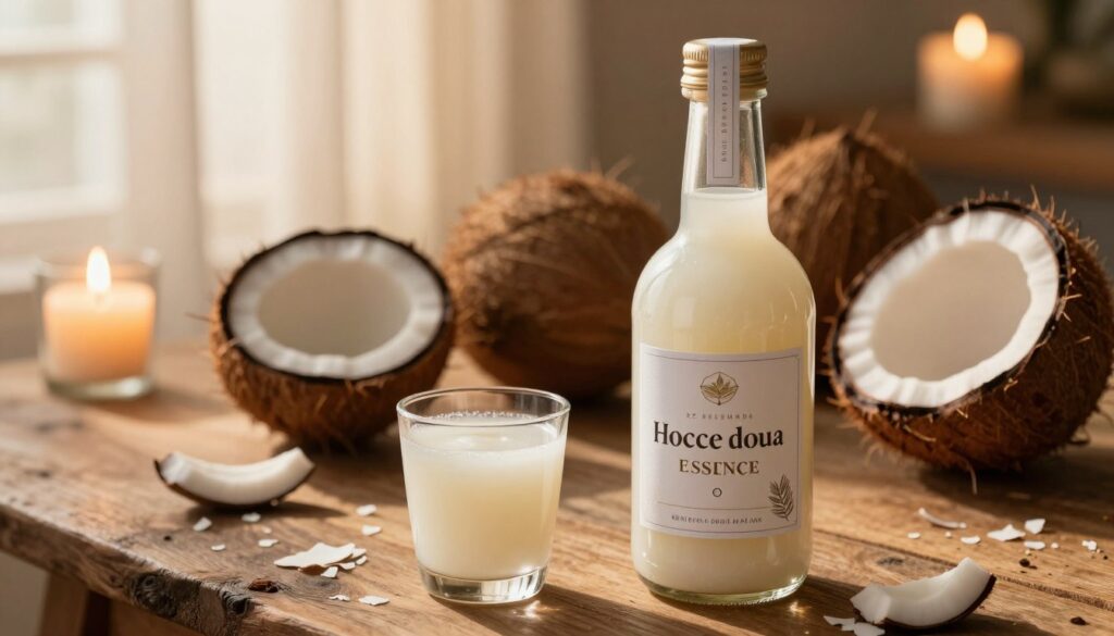 A beautifully crafted bottle of coconut liqueur, with a smooth, creamy texture reflecting light from nearby candles. The foreground features the bottle adorned with a simple, elegant label showcasing its handmade essence. Beside the bottle, a small glass filled with the liqueur captures the rich, off-white color and glimmers softly. In the middle ground, fresh coconuts and delicate coconut flakes are artfully arranged, highlighting natural ingredients. The background displays a rustic wooden table with a warm, inviting atmosphere, softly lit by golden hour sunlight filtering through sheer curtains. The scene evokes feelings of comfort and indulgence, perfect for a cozy evening at home. The composition focuses on the liqueur, bringing out its rich textures and inviting aroma. A beautifully crafted bottle of coconut liqueur, with a smooth, creamy texture reflecting light from nearby candles. The foreground features the bottle adorned with a simple, elegant label showcasing its handmade essence. Beside the bottle, a small glass filled with the liqueur captures the rich, off-white color and glimmers softly. In the middle ground, fresh coconuts and delicate coconut flakes are artfully arranged, highlighting natural ingredients. The background displays a rustic wooden table with a warm, inviting atmosphere, softly lit by golden hour sunlight filtering through sheer curtains. The scene evokes feelings of comfort and indulgence, perfect for a cozy evening at home. The composition focuses on the liqueur, bringing out its rich textures and inviting aroma.