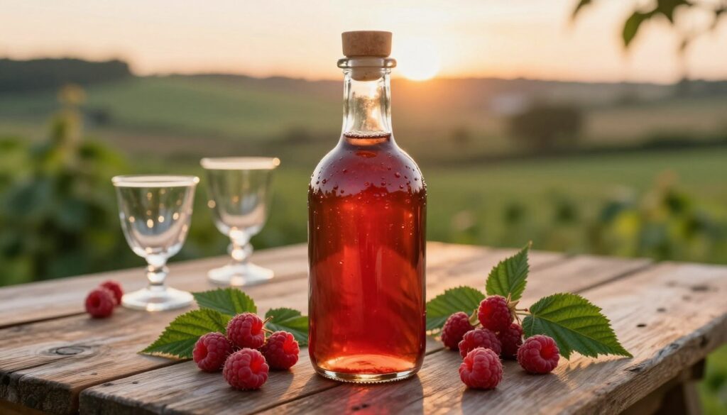 A beautifully crafted bottle of homemade raspberry tincture, prominently displayed in the foreground, surrounded by fresh, glistening raspberries and green leaves. The bottle's texture reveals rich, amber-red liquid catching the soft, warm light of a golden sunset. In the middle ground, a rustic wooden table enhances the artisanal feel, with a few delicate glassware pieces reflecting the light. The background features a blurred countryside landscape with soft hills and lush greenery that evoke a sense of health and natural wellness. The overall mood is warm, inviting, and reminiscent of home brewing traditions, conveying the health benefits of raspberry liquor, rich in antioxidants and flavors, creating an atmosphere of rustic charm and vitality. A beautifully crafted bottle of homemade raspberry tincture, prominently displayed in the foreground, surrounded by fresh, glistening raspberries and green leaves. The bottle's texture reveals rich, amber-red liquid catching the soft, warm light of a golden sunset. In the middle ground, a rustic wooden table enhances the artisanal feel, with a few delicate glassware pieces reflecting the light. The background features a blurred countryside landscape with soft hills and lush greenery that evoke a sense of health and natural wellness. The overall mood is warm, inviting, and reminiscent of home brewing traditions, conveying the health benefits of raspberry liquor, rich in antioxidants and flavors, creating an atmosphere of rustic charm and vitality.