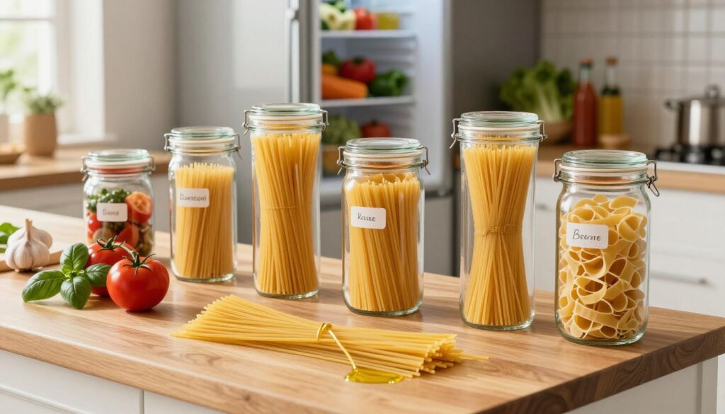 A beautifully organized kitchen scene showcasing various types of pasta stored in clear, labeled jars on a wooden countertop, with a background of a tidy kitchen. The foreground features a stack of cooked spaghetti, glistening with a light drizzle of olive oil, alongside fresh ingredients like tomatoes, basil, and garlic. The middle ground includes an open refrigerator with colorful vegetables and sauces displayed on shelves, emphasizing quick meal preparation. Soft, natural lighting streams through a nearby window, casting gentle shadows and creating a warm, inviting atmosphere. The image captures a sense of efficiency and simplicity in home cooking, aiming to inspire creativity with stored pasta. The angle is slightly elevated, providing a comprehensive view of the scene without any distractions or text.