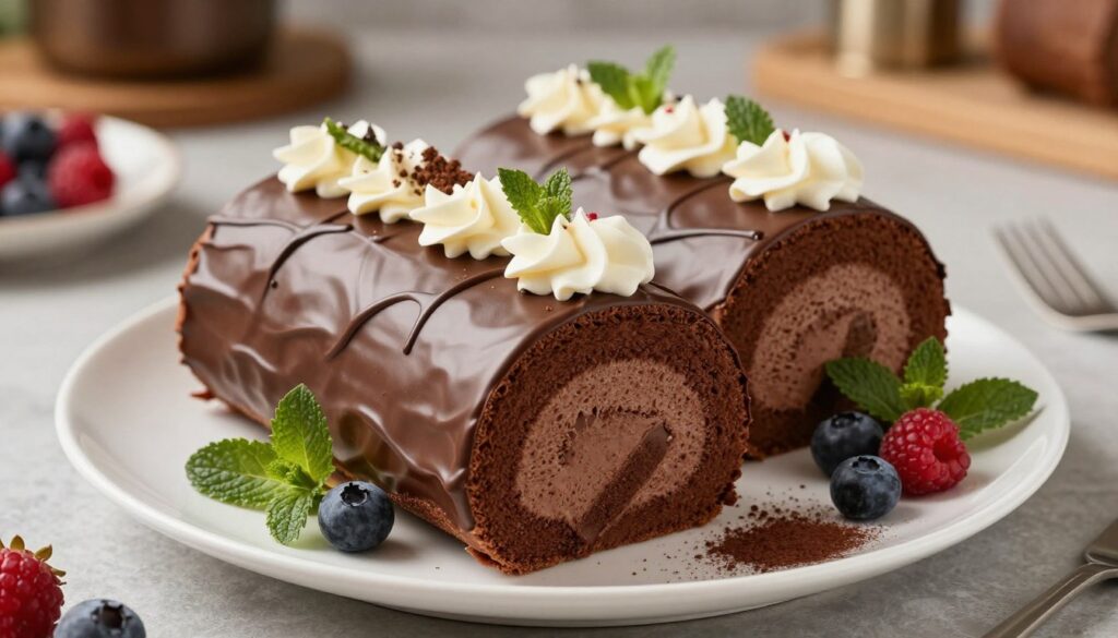 A beautifully plated chocolate roll cake, elegantly decorated with a smooth, glossy chocolate ganache and delicate swirls of whipped cream. In the foreground, a generous slice of the dessert reveals its rich, velvety filling, surrounded by scattered cocoa powder and fresh berries. In the middle ground, the entire cake rests on a white porcelain plate, adorned with mint leaves for a pop of color. The background features a softly blurred kitchen setting with warm, ambient lighting, evoking a cozy and inviting atmosphere. The photo is taken from a slightly elevated angle, giving a top-down view of the cake, highlighting its luscious textures and layers. The overall mood is indulgent and sophisticated, perfect for celebrating a special occasion. A beautifully plated chocolate roll cake, elegantly decorated with a smooth, glossy chocolate ganache and delicate swirls of whipped cream. In the foreground, a generous slice of the dessert reveals its rich, velvety filling, surrounded by scattered cocoa powder and fresh berries. In the middle ground, the entire cake rests on a white porcelain plate, adorned with mint leaves for a pop of color. The background features a softly blurred kitchen setting with warm, ambient lighting, evoking a cozy and inviting atmosphere. The photo is taken from a slightly elevated angle, giving a top-down view of the cake, highlighting its luscious textures and layers. The overall mood is indulgent and sophisticated, perfect for celebrating a special occasion.