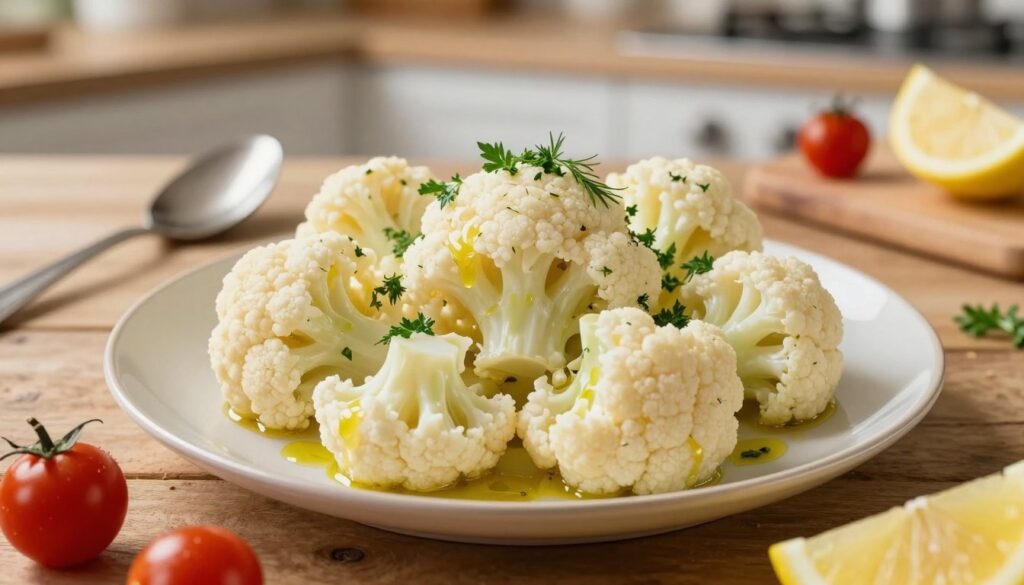 A beautifully plated dish of cooked cauliflower, showcasing its soft texture and light, creamy color. The focal point is a perfectly steamed cauliflower, cut into bite-sized florets, glistening with a drizzle of olive oil and a sprinkle of fresh herbs like parsley and dill. In the foreground, add vibrant cherry tomatoes and a few lemon wedges, enhancing the dish's freshness. The middle layer features a rustic wooden table, with simple but elegant kitchen utensils like a spoon and a cutting board nearby. The background is softly blurred, hinting at a cozy kitchen environment with warm, inviting light streaming in. The mood is fresh and creative, ideal for inspiring culinary exploration and innovative uses of cooked cauliflower. A beautifully plated dish of cooked cauliflower, showcasing its soft texture and light, creamy color. The focal point is a perfectly steamed cauliflower, cut into bite-sized florets, glistening with a drizzle of olive oil and a sprinkle of fresh herbs like parsley and dill. In the foreground, add vibrant cherry tomatoes and a few lemon wedges, enhancing the dish's freshness. The middle layer features a rustic wooden table, with simple but elegant kitchen utensils like a spoon and a cutting board nearby. The background is softly blurred, hinting at a cozy kitchen environment with warm, inviting light streaming in. The mood is fresh and creative, ideal for inspiring culinary exploration and innovative uses of cooked cauliflower.