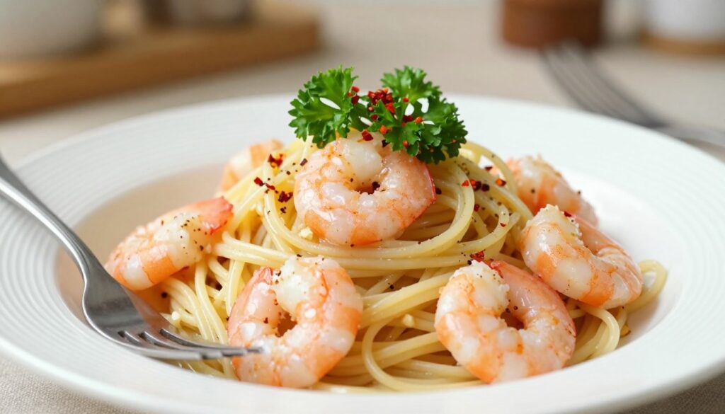 A beautifully plated dish of shrimp pasta, showcasing delicate spaghetti entwined with succulent pink shrimp, glistening with a light garlic and white wine sauce. The foreground features a fork elegantly poised beside the pasta, capturing the freshness of the meal. In the middle ground, vibrant green parsley and a sprinkle of red chili flakes add a pop of color to the scene. The background consists of a softly blurred kitchen setting with warm, inviting lighting, enhancing the appetizing mood. Capture the image from a slightly elevated angle to emphasize the texture of the pasta and the glossy sauce, creating a gourmet ambiance that highlights the simplicity and elegance of a seafood dish.