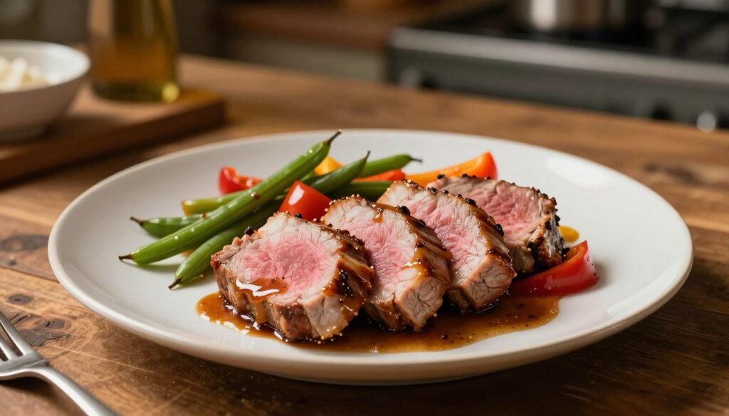 A beautifully plated dish of tender pork tenderloins, or "polędwiczki wieprzowe," glistening with a savory glaze that enhances their juicy appearance. The dynamic foreground features the tenderloins artfully sliced, showcasing their succulent pink interior, surrounded by a medley of vibrant vegetables like sautéed green beans and colorful bell peppers. In the middle ground, a gentle drizzle of a rich, aromatic sauce adds depth, while the warm, inviting lighting creates a cozy ambiance, casting soft shadows across the plate. The background includes a rustic wooden table and blurred kitchen elements, hinting at a homey cooking environment. The overall mood is warm and inviting, emphasizing the art of cooking techniques that preserve flavor and moisture.