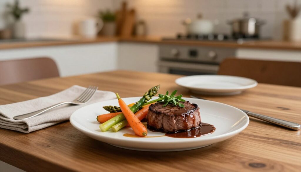 A beautifully plated modern meat dish, showcasing a gourmet presentation. In the foreground, a succulent steak cooked to perfection, garnished with fresh herbs, drizzled with a rich, artistic sauce. Beside it, a delicate arrangement of colorful roasted vegetables, including asparagus and baby carrots, adding vibrancy. In the middle, a sleek wooden table set with elegant dinnerware and a soft linen napkin, enhancing the homey yet sophisticated atmosphere. The background features a softly blurred kitchen setting with warm, ambient lighting, emphasizing a cozy yet chic home environment. The overall mood is inviting and upscale, perfect for inspiring elegant dining experiences. Use a shallow depth of field to create a focus on the dish while keeping the setting softly in the background. A beautifully plated modern meat dish, showcasing a gourmet presentation. In the foreground, a succulent steak cooked to perfection, garnished with fresh herbs, drizzled with a rich, artistic sauce. Beside it, a delicate arrangement of colorful roasted vegetables, including asparagus and baby carrots, adding vibrancy. In the middle, a sleek wooden table set with elegant dinnerware and a soft linen napkin, enhancing the homey yet sophisticated atmosphere. The background features a softly blurred kitchen setting with warm, ambient lighting, emphasizing a cozy yet chic home environment. The overall mood is inviting and upscale, perfect for inspiring elegant dining experiences. Use a shallow depth of field to create a focus on the dish while keeping the setting softly in the background.