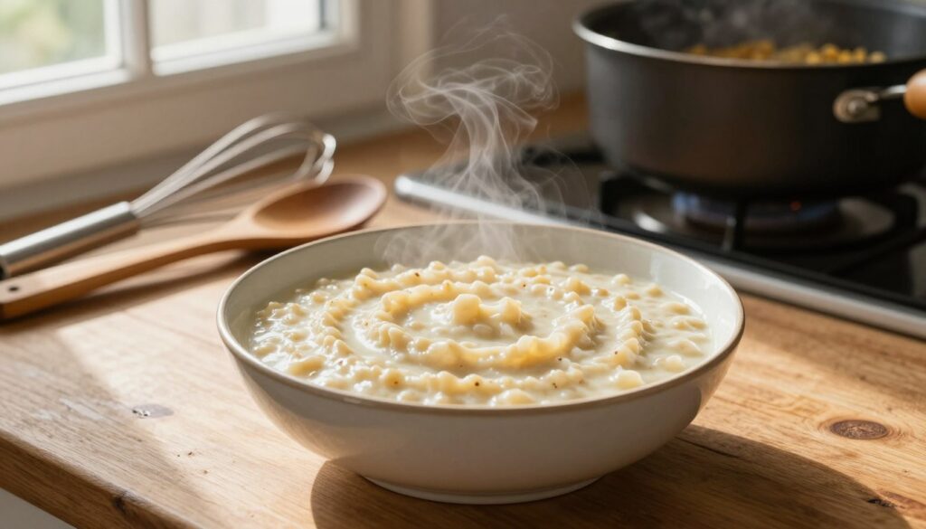 A beautifully presented bowl of creamy kasza manna, showcasing its smooth texture and hearty consistency, is placed at the forefront. The bowl is set against a rustic wooden kitchen table, with a gentle morning light filtering through a nearby window, casting soft shadows. In the background, utensils like a whisk and a wooden spoon are artfully arranged, hinting at the cooking process. A simmering saucepan can be seen on the stove, with a hint of golden grains peeking through. Add delicate steam rising from the bowl, enhancing the comforting atmosphere. The overall mood is warm and inviting, perfect for illustrating a step-by-step guide to making this traditional dish. A beautifully presented bowl of creamy kasza manna, showcasing its smooth texture and hearty consistency, is placed at the forefront. The bowl is set against a rustic wooden kitchen table, with a gentle morning light filtering through a nearby window, casting soft shadows. In the background, utensils like a whisk and a wooden spoon are artfully arranged, hinting at the cooking process. A simmering saucepan can be seen on the stove, with a hint of golden grains peeking through. Add delicate steam rising from the bowl, enhancing the comforting atmosphere. The overall mood is warm and inviting, perfect for illustrating a step-by-step guide to making this traditional dish.