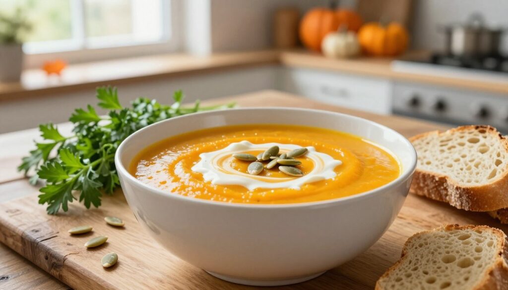 A beautifully presented bowl of zupa dyniowa (pumpkin soup) sits on a rustic wooden table, invitingly garnished with a swirl of cream and sprinkled pumpkin seeds. The soup's vibrant orange hue radiates warmth, while a backdrop of fresh herbs and slices of crusty bread complement the dish. Soft, natural lighting filters in from a nearby window, creating a cozy atmosphere, enhancing the golden tones of the soup. A blurred background reveals a kitchen setting with autumn decorations, like mini pumpkins and dried leaves, contributing to a seasonal feel. The angle captures the dish from slightly above, emphasizing its texture and garnishes, conveying a sense of comfort and home-cooked simplicity. A beautifully presented bowl of zupa dyniowa (pumpkin soup) sits on a rustic wooden table, invitingly garnished with a swirl of cream and sprinkled pumpkin seeds. The soup's vibrant orange hue radiates warmth, while a backdrop of fresh herbs and slices of crusty bread complement the dish. Soft, natural lighting filters in from a nearby window, creating a cozy atmosphere, enhancing the golden tones of the soup. A blurred background reveals a kitchen setting with autumn decorations, like mini pumpkins and dried leaves, contributing to a seasonal feel. The angle captures the dish from slightly above, emphasizing its texture and garnishes, conveying a sense of comfort and home-cooked simplicity.