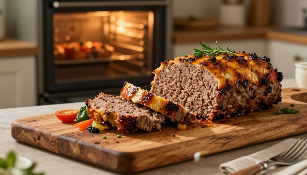 A beautifully roasted "pieczeń rzymska," a classic meatloaf made of ground meat, is displayed prominently in a warm, inviting kitchen setting. The foreground features the succulent meatloaf, garnished with fresh herbs and colorful vegetables, showcasing its golden-brown crust and juicy interior. In the middle, a rustic wooden cutting board holds slices of the meatloaf, revealing the tender texture within. The background features an oven with the door slightly ajar, emitting a soft golden light that enhances the cozy atmosphere. Warm lighting casts gentle shadows, creating a homey and appetizing mood. The image focuses on the culinary delights of cooking while highlighting the ideal baking time and temperature for this beloved dish. A beautifully roasted "pieczeń rzymska," a classic meatloaf made of ground meat, is displayed prominently in a warm, inviting kitchen setting. The foreground features the succulent meatloaf, garnished with fresh herbs and colorful vegetables, showcasing its golden-brown crust and juicy interior. In the middle, a rustic wooden cutting board holds slices of the meatloaf, revealing the tender texture within. The background features an oven with the door slightly ajar, emitting a soft golden light that enhances the cozy atmosphere. Warm lighting casts gentle shadows, creating a homey and appetizing mood. The image focuses on the culinary delights of cooking while highlighting the ideal baking time and temperature for this beloved dish.