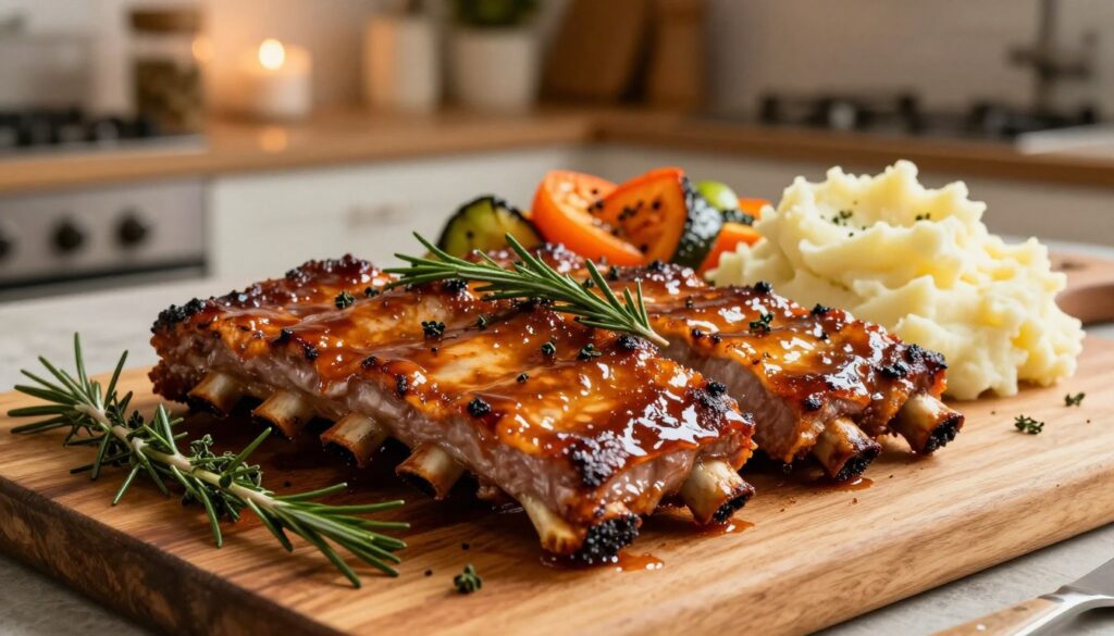 A beautifully roasted rack of pork ribs, glistening with a rich, caramelized marinade, sits prominently in the foreground. The ribs are arranged on a rustic wooden cutting board, garnished with fresh herbs like rosemary and thyme, lending vibrant color. In the middle, a selection of colorful side dishes, such as roasted vegetables and creamy mashed potatoes, complements the ribs. The background features a cozy kitchen setting with warm, ambient lighting, showcasing hints of kitchen utensils and spices, emphasizing a home-cooking vibe. The scene captures a mouthwatering, inviting atmosphere, perfect for illustrating a step-by-step baking process. Use a warm color palette and soft focus to enhance the appetizing effect.