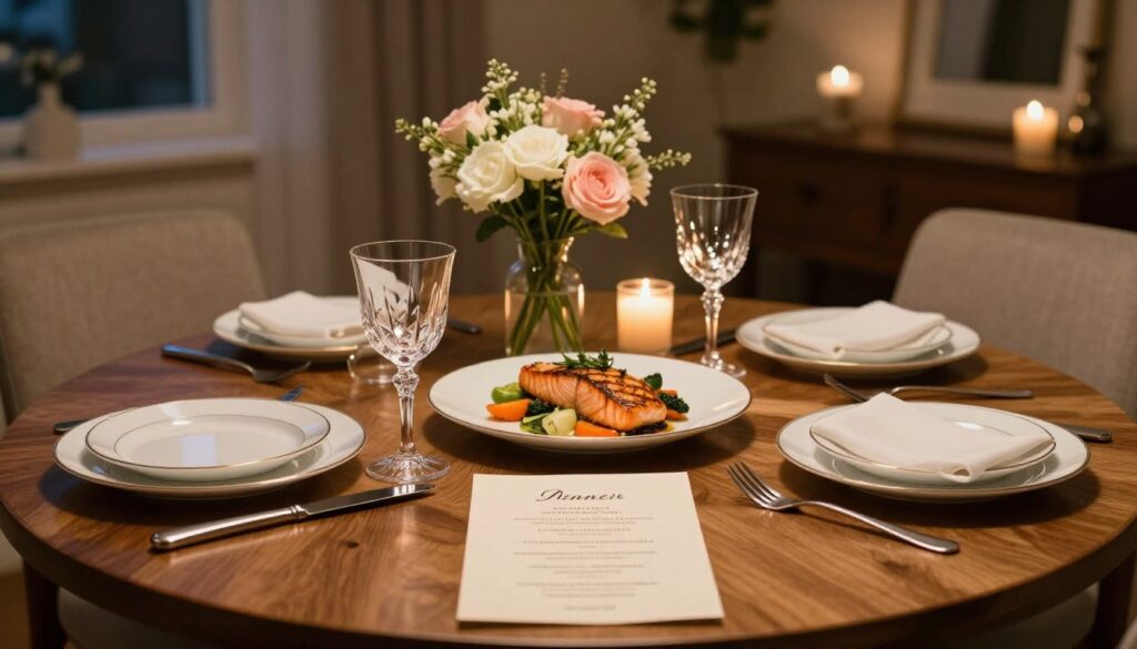A beautifully set dining table for two, showcasing an elegant dinner menu selection. In the foreground, a polished wooden table adorned with fine china, sparkling crystal glasses, and cutlery arranged with care. In the center, a delicate vase of fresh flowers adds a touch of romance. The middle ground features a carefully plated gourmet dish, perhaps a succulent piece of grilled salmon with vibrant seasonal vegetables. Soft candlelight flickers, creating a warm glow that enhances the intimate atmosphere. The background shows a cozy home setting with soft, ambient lighting, perhaps a dimly lit room adorned with tasteful decor. Capture the essence of a romantic dinner, inviting a sense of warmth, togetherness, and celebration.
