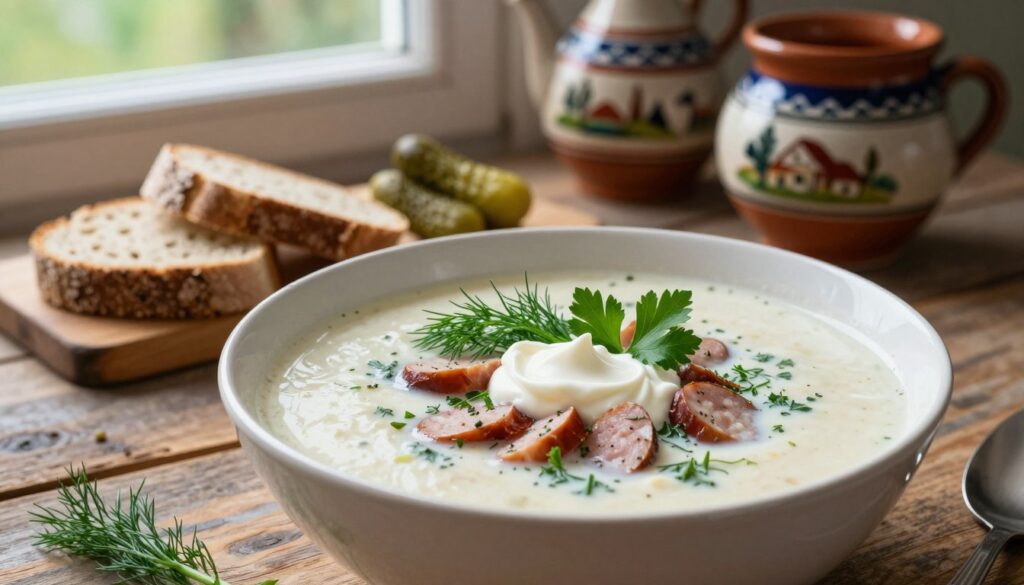 A beautifully styled bowl of traditional "barszcz biały" sits elegantly on a rustic wooden table. In the foreground, the creamy white soup is garnished with vibrant, fresh herbs, such as dill and parsley, alongside slices of smoked sausage and a swirl of sour cream for contrast. The middle ground features a delicate arrangement of rustic bread and a few pickled vegetables, enhancing the visual appeal. Soft, natural lighting filters through an adjacent window, casting gentle shadows and highlighting the textures within the soup. In the background, a blurred impression of Polish countryside decor—traditional pottery and a hint of greenery—adds warmth and context to the image. The overall atmosphere is inviting and homely, conveying the comforting essence of this beloved dish. A beautifully styled bowl of traditional "barszcz biały" sits elegantly on a rustic wooden table. In the foreground, the creamy white soup is garnished with vibrant, fresh herbs, such as dill and parsley, alongside slices of smoked sausage and a swirl of sour cream for contrast. The middle ground features a delicate arrangement of rustic bread and a few pickled vegetables, enhancing the visual appeal. Soft, natural lighting filters through an adjacent window, casting gentle shadows and highlighting the textures within the soup. In the background, a blurred impression of Polish countryside decor—traditional pottery and a hint of greenery—adds warmth and context to the image. The overall atmosphere is inviting and homely, conveying the comforting essence of this beloved dish.