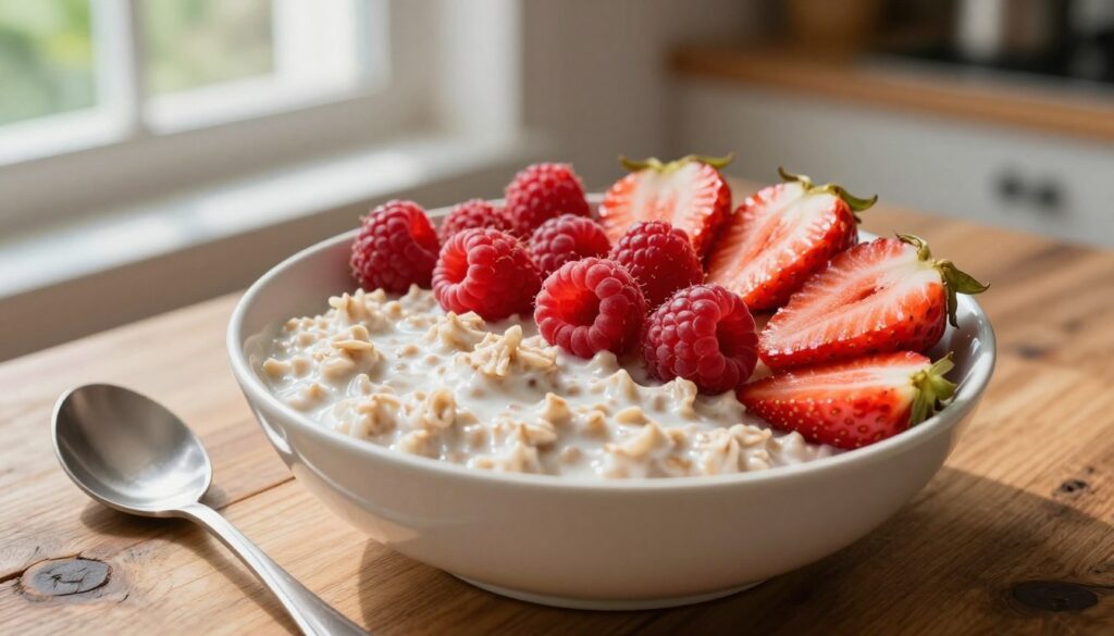 A beautifully styled breakfast bowl featuring creamy oatmeal topped with vibrant, fresh raspberries and strawberries. The raspberries are plump and glistening, while the strawberries are sliced, showcasing their juicy red insides. In the foreground, the bowl is placed on a rustic wooden table, with a spoon elegantly placed beside it. Soft, natural light filters through a nearby window, casting gentle shadows and highlighting the fresh fruit's textures. In the background, hints of greenery and a cozy kitchen atmosphere add warmth to the scene. The overall mood is inviting and wholesome, perfect for a nutritious breakfast. The composition should focus on the colorful fruits and creamy oatmeal, with a shallow depth of field to blur the background, enhancing the main elements.