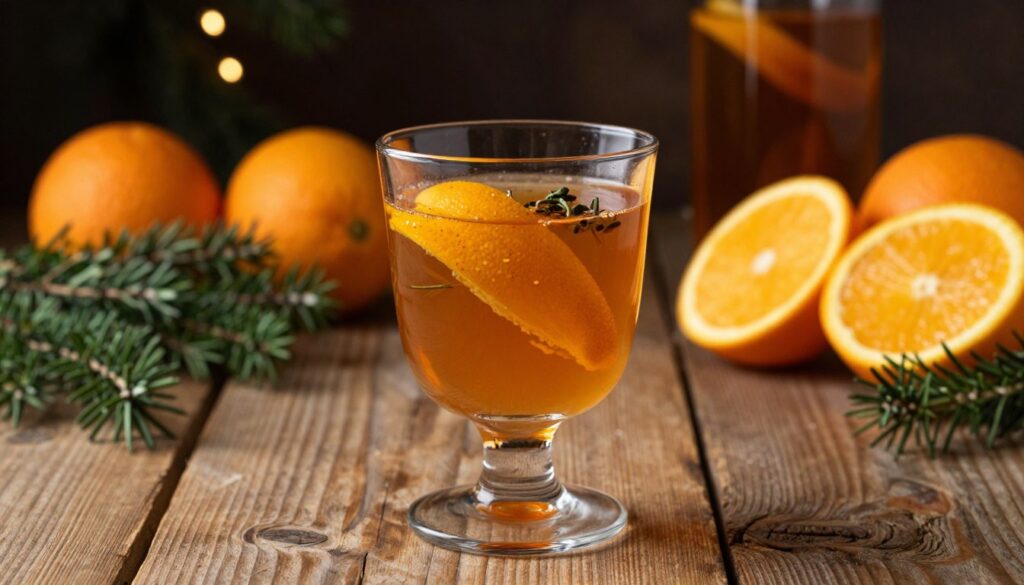 A beautifully styled glass of orange-infused alcohol sits elegantly on a rustic wooden table, with a backdrop of dimly lit warmth to suggest a cozy winter atmosphere. In the foreground, the glass is filled with a vibrant, amber-hued liquid, reflecting hints of orange zest and aromatic herbs, capturing the essence of a homemade nalewka. The middle ground features fresh oranges and sprigs of fragrant herbs, artfully arranged to enhance the composition. Soft, warm lighting creates a glow, emphasizing the textures of the glass and the richness of the drink. The scene is shot at a slight angle to showcase the drink's clarity and depth, evoking a sense of quality and care in the alcohol's preparation, perfect for an inviting winter gathering.