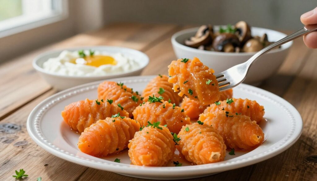 A beautifully styled plate of kluski, featuring delicate, orange carrot dumplings, garnished with fresh herbs like parsley. In the foreground, a fork twirls a serving of the kluski, showcasing their soft, fluffy texture. The middle ground displays a small bowl of sweet, creamy sauce made from yogurt and honey, contrasting with a savory mushroom sauce in another bowl, emphasizing the dual sweet and savory serving options. The background features a rustic wooden table surface, with soft natural lighting filtering in from a nearby window, casting gentle shadows to create a warm, inviting atmosphere. The composition should evoke a sense of home-cooked comfort, perfect for family meals. A beautifully styled plate of kluski, featuring delicate, orange carrot dumplings, garnished with fresh herbs like parsley. In the foreground, a fork twirls a serving of the kluski, showcasing their soft, fluffy texture. The middle ground displays a small bowl of sweet, creamy sauce made from yogurt and honey, contrasting with a savory mushroom sauce in another bowl, emphasizing the dual sweet and savory serving options. The background features a rustic wooden table surface, with soft natural lighting filtering in from a nearby window, casting gentle shadows to create a warm, inviting atmosphere. The composition should evoke a sense of home-cooked comfort, perfect for family meals.