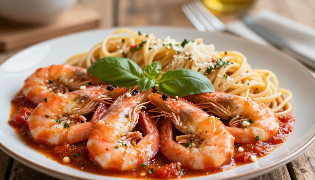 A beautifully styled plate of shrimp, vibrant and appetizing, nestled in a rich, homemade tomato sauce glistening with fresh herbs. The foreground features a close-up of succulent, pink shrimp, perfectly cooked and seasoned, glistening in the sauce, with pieces of crushed garlic and sprigs of basil artfully arranged. In the middle ground, a portion of al dente pasta twirls elegantly beside the shrimp, garnished with a sprinkle of parmesan. The background includes a rustic wooden table setting with a soft, warm light filtering in, creating a cozy atmosphere that invites the viewer to indulge. The overall mood is inviting and warm, emphasizing the comfort of a quick yet delicious meal. Shot with a shallow depth of field to keep the focus on the shrimp and pasta, enhancing the vibrant colors and textures.