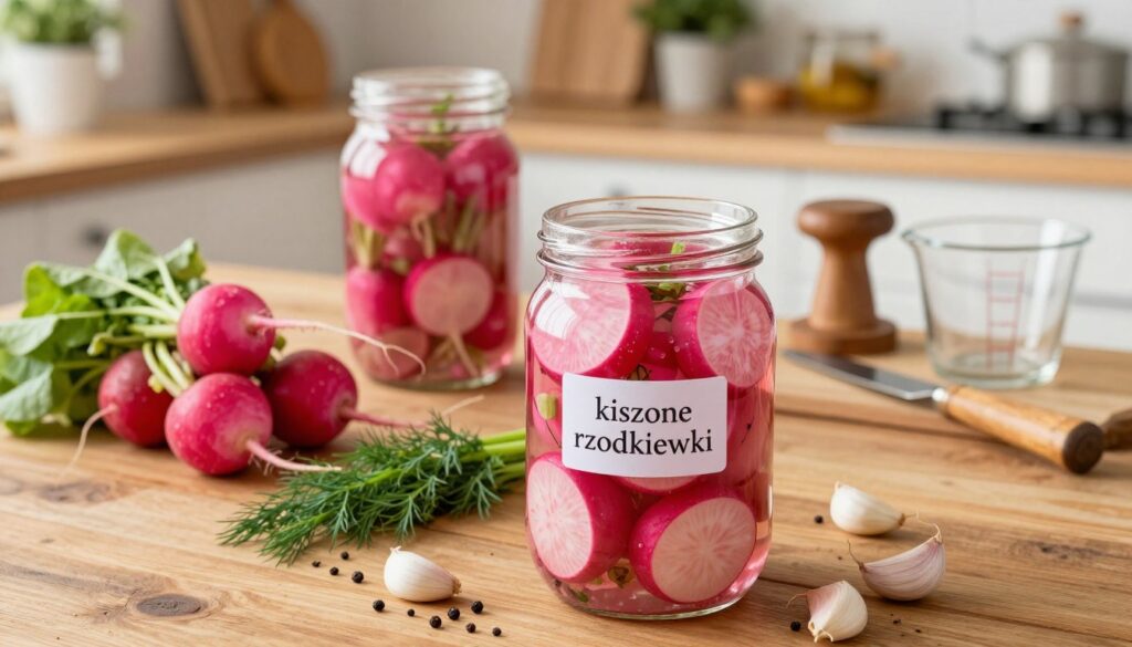 A bright and inviting kitchen scene showcasing jars of pickled radishes ("kiszone rzodkiewki") arranged on a rustic wooden table. The foreground features a large glass jar filled with vibrant pink radishes, their crunchy texture glistening with brine. Beside it, scattered spices like dill and garlic cloves add color and interest. In the middle ground, an assortment of fresh ingredients including whole radishes, herbs, and tools like a fermentation weight and a measuring cup emphasize the home-cooking aspect of fermentation. The background includes warm, soft lighting highlighting a cozy kitchen setting with wooden shelves and plants. Capture this still life from a slightly overhead angle, evoking a sense of warmth and comfort in home food preparation.