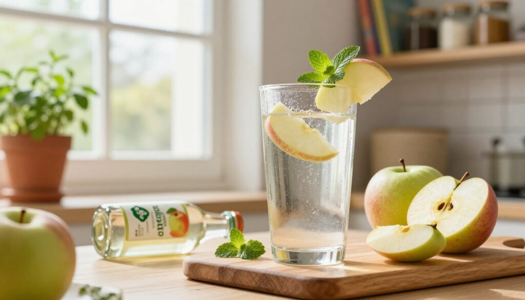 A bright, inviting kitchen scene showcasing a glass of apple cider vinegar mixed with water, garnished with a slice of apple and a sprig of mint. In the foreground, the glass glistens with condensation, while a wooden cutting board with fresh apples and a small bottle of organic apple cider vinegar lies beside it. The middle features a sunny window with potted herbs adding greenery, while in the background, shelves display healthy cookbooks and jars of spices. The lighting is warm and natural, creating a cozy atmosphere, and the camera angle captures this vibrant scene at a slight tilt, emphasizing the freshness and health benefits of incorporating apple cider vinegar into daily routines. The overall mood is uplifting and motivational, encouraging healthy lifestyle choices. A bright, inviting kitchen scene showcasing a glass of apple cider vinegar mixed with water, garnished with a slice of apple and a sprig of mint. In the foreground, the glass glistens with condensation, while a wooden cutting board with fresh apples and a small bottle of organic apple cider vinegar lies beside it. The middle features a sunny window with potted herbs adding greenery, while in the background, shelves display healthy cookbooks and jars of spices. The lighting is warm and natural, creating a cozy atmosphere, and the camera angle captures this vibrant scene at a slight tilt, emphasizing the freshness and health benefits of incorporating apple cider vinegar into daily routines. The overall mood is uplifting and motivational, encouraging healthy lifestyle choices.