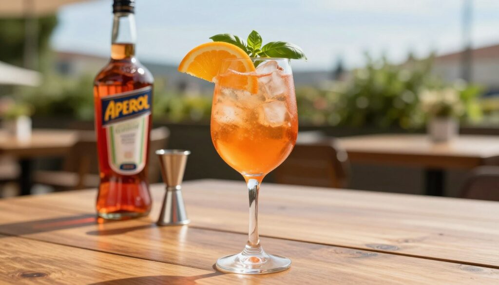 A captivating aperol spritz cocktail elegantly presented on a stylish wooden table. The foreground features a tall, clear glass filled with the vibrant orange drink, garnished with a bright orange slice and a sprig of fresh basil. Ice cubes glisten in the sunlight, reflecting a warm, inviting glow. The middle ground includes a small bottle of Aperol and a jigger for mixing, hinting at the cocktail's preparation. In the background, soft-focus greenery and a hint of blue sky create a relaxed outdoor setting, evoking a sunny Italian terrace. The scene is bathed in warm, natural light, enhancing the cheerful and refreshing ambiance of the drink, styled for a modern yet classic appeal. A captivating aperol spritz cocktail elegantly presented on a stylish wooden table. The foreground features a tall, clear glass filled with the vibrant orange drink, garnished with a bright orange slice and a sprig of fresh basil. Ice cubes glisten in the sunlight, reflecting a warm, inviting glow. The middle ground includes a small bottle of Aperol and a jigger for mixing, hinting at the cocktail's preparation. In the background, soft-focus greenery and a hint of blue sky create a relaxed outdoor setting, evoking a sunny Italian terrace. The scene is bathed in warm, natural light, enhancing the cheerful and refreshing ambiance of the drink, styled for a modern yet classic appeal.