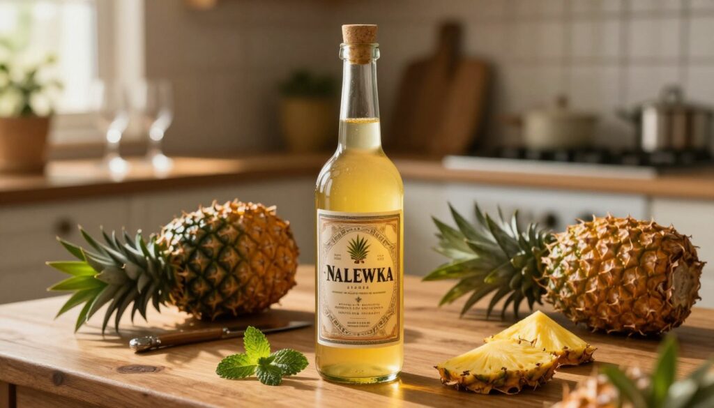 A classic bottle of pineapple nalewka sits elegantly on a wooden table, glistening in the soft, warm light of a late afternoon sun. The bottle, with its vintage design, features a corked top and intricately detailed label, exuding a sense of tradition and craftsmanship. Surrounding the bottle are fresh pineapples and a few sprigs of mint, adding a vibrant tropical flair. In the blurred background, a cozy kitchen setting is softly illuminated, with hints of glassware and rustic decor. The atmosphere is inviting and homely, evoking a sense of nostalgia for classic recipes. The lens captures this scene from a slightly elevated angle, emphasizing the textures and colors, ensuring a warm, rich palette that enhances the essence of homemade tropical flavors. A classic bottle of pineapple nalewka sits elegantly on a wooden table, glistening in the soft, warm light of a late afternoon sun. The bottle, with its vintage design, features a corked top and intricately detailed label, exuding a sense of tradition and craftsmanship. Surrounding the bottle are fresh pineapples and a few sprigs of mint, adding a vibrant tropical flair. In the blurred background, a cozy kitchen setting is softly illuminated, with hints of glassware and rustic decor. The atmosphere is inviting and homely, evoking a sense of nostalgia for classic recipes. The lens captures this scene from a slightly elevated angle, emphasizing the textures and colors, ensuring a warm, rich palette that enhances the essence of homemade tropical flavors.