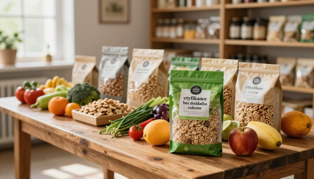 A clean and inviting grocery setting featuring an array of gluten-free certified products prominently displayed on a rustic wooden table. In the foreground, focus on a fresh, vibrant package marked with a "certyfikowane bez dodatku cukrów" label, showcasing its natural ingredients. Surrounding the package are colorful fruits and vegetables, emphasizing a healthy lifestyle. In the middle ground, neatly arranged gluten-free snacks and cereals are visible, radiating warmth and home-cooked goodness. In the background, shelves filled with various gluten-free products create a sense of abundance and choice. Soft, natural lighting filters in from a nearby window, casting gentle shadows, enhancing the overall warmth and inviting atmosphere, suggesting a connection to wholesome eating. The image is captured from a slightly elevated angle to provide a comprehensive view while keeping the focus on the highlighted product. A clean and inviting grocery setting featuring an array of gluten-free certified products prominently displayed on a rustic wooden table. In the foreground, focus on a fresh, vibrant package marked with a "certyfikowane bez dodatku cukrów" label, showcasing its natural ingredients. Surrounding the package are colorful fruits and vegetables, emphasizing a healthy lifestyle. In the middle ground, neatly arranged gluten-free snacks and cereals are visible, radiating warmth and home-cooked goodness. In the background, shelves filled with various gluten-free products create a sense of abundance and choice. Soft, natural lighting filters in from a nearby window, casting gentle shadows, enhancing the overall warmth and inviting atmosphere, suggesting a connection to wholesome eating. The image is captured from a slightly elevated angle to provide a comprehensive view while keeping the focus on the highlighted product.
