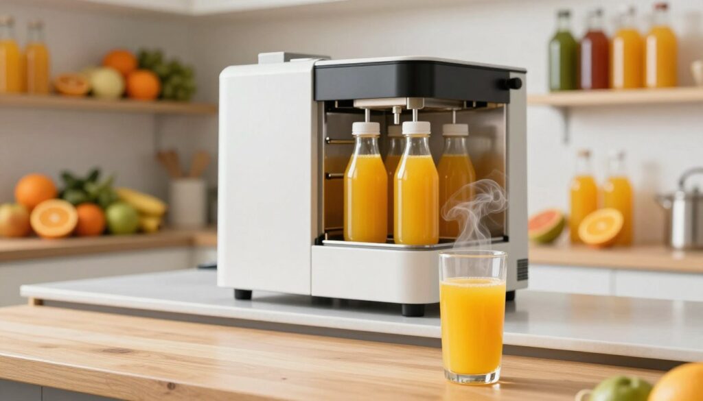 A clean and modern kitchen setting with a focus on the pasteryzacja process of juice. In the foreground, a glass of freshly pasteurized juice sits on a wooden table, with subtle steam rising to indicate warmth. In the middle ground, a sleek countertop features a high-tech pasteurization machine, with bottles being filled with the orange juice, showcasing the clarity and vibrant color of the liquid. The background displays shelves filled with fresh fruits and an array of juice bottles, hinting at different types. Soft, natural lighting floods the scene, creating a warm atmosphere that emphasizes freshness and nutrition. The overall mood is inviting and educational, emphasizing the importance of pasteurization in juice preservation without any distractions or clutter. A clean and modern kitchen setting with a focus on the pasteryzacja process of juice. In the foreground, a glass of freshly pasteurized juice sits on a wooden table, with subtle steam rising to indicate warmth. In the middle ground, a sleek countertop features a high-tech pasteurization machine, with bottles being filled with the orange juice, showcasing the clarity and vibrant color of the liquid. The background displays shelves filled with fresh fruits and an array of juice bottles, hinting at different types. Soft, natural lighting floods the scene, creating a warm atmosphere that emphasizes freshness and nutrition. The overall mood is inviting and educational, emphasizing the importance of pasteurization in juice preservation without any distractions or clutter.