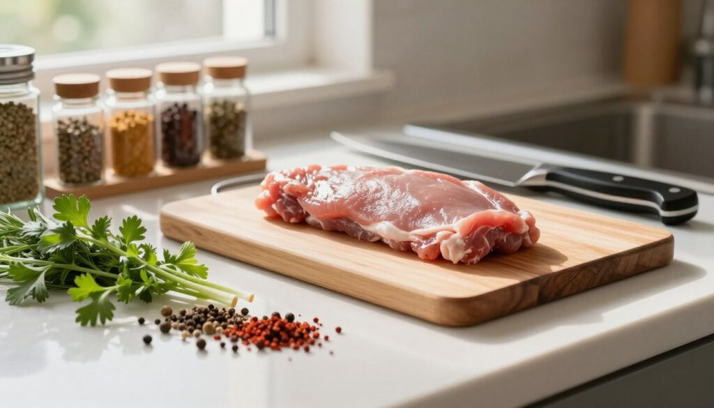 A clean kitchen countertop serves as the foreground, featuring colorful fresh herbs and an array of spices neatly organized, emphasizing the preparation of meat. In the middle ground, a sheet of thawed meat, glistening and fresh, is laid out alongside cutting tools like a sharp chef's knife and a sturdy cutting board. The background includes a well-arranged spice rack, and slightly blurred, a window letting in soft, warm natural light that creates inviting shadows across the scene. The atmosphere conveys a sense of care and professionalism, ideal for culinary preparation. Use soft focus effects on the edges to draw attention to the meat and preparation tools in a balanced composition, highlighting the freshness and quality of the ingredients. A clean kitchen countertop serves as the foreground, featuring colorful fresh herbs and an array of spices neatly organized, emphasizing the preparation of meat. In the middle ground, a sheet of thawed meat, glistening and fresh, is laid out alongside cutting tools like a sharp chef's knife and a sturdy cutting board. The background includes a well-arranged spice rack, and slightly blurred, a window letting in soft, warm natural light that creates inviting shadows across the scene. The atmosphere conveys a sense of care and professionalism, ideal for culinary preparation. Use soft focus effects on the edges to draw attention to the meat and preparation tools in a balanced composition, highlighting the freshness and quality of the ingredients.