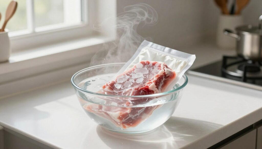 A clean, modern kitchen countertop with a bowl of cold water prominently in the foreground, a package of frozen meat partially submerged, showing ice crystals melting. Soft, natural light filters in from a nearby window, creating a serene and fresh atmosphere. In the background, blurred kitchen appliances hint at a cozy home cooking space. The edges of the counter are well-organized with kitchen utensils, emphasizing the theme of safe food practices. A gentle steam rises from the water, indicating warmth nearby but maintaining the cooling effect of the water. The overall mood is calm and inviting, while highlighting the efficient method of thawing meat in cold water. A clean, modern kitchen countertop with a bowl of cold water prominently in the foreground, a package of frozen meat partially submerged, showing ice crystals melting. Soft, natural light filters in from a nearby window, creating a serene and fresh atmosphere. In the background, blurred kitchen appliances hint at a cozy home cooking space. The edges of the counter are well-organized with kitchen utensils, emphasizing the theme of safe food practices. A gentle steam rises from the water, indicating warmth nearby but maintaining the cooling effect of the water. The overall mood is calm and inviting, while highlighting the efficient method of thawing meat in cold water.