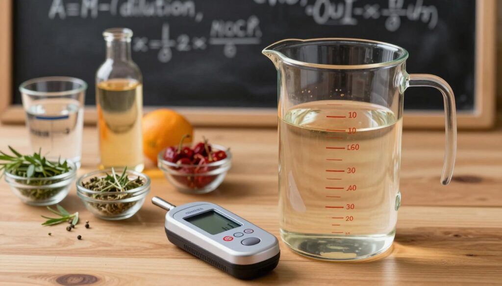 A clear glass measuring jug filled with a translucent liquid, showcasing various alcohol concentrations, positioned on a wooden table. In the foreground, there should be a precise digital alcohol meter resting beside the jug, illuminated by soft, warm lighting to create an inviting atmosphere. In the middle ground, a well-organized arrangement of various ingredients used for diluting alcohol, such as water, fresh fruits, and herbs, displayed in small bowls. The background features a blurred chalkboard with handwritten mathematical equations regarding alcohol dilution, enhancing the educational theme. The mood of the image is informative and professional, perfect for illustrating a scientific approach to alcohol dilution ratios, captured from a slightly elevated angle to provide depth and perspective. A clear glass measuring jug filled with a translucent liquid, showcasing various alcohol concentrations, positioned on a wooden table. In the foreground, there should be a precise digital alcohol meter resting beside the jug, illuminated by soft, warm lighting to create an inviting atmosphere. In the middle ground, a well-organized arrangement of various ingredients used for diluting alcohol, such as water, fresh fruits, and herbs, displayed in small bowls. The background features a blurred chalkboard with handwritten mathematical equations regarding alcohol dilution, enhancing the educational theme. The mood of the image is informative and professional, perfect for illustrating a scientific approach to alcohol dilution ratios, captured from a slightly elevated angle to provide depth and perspective.