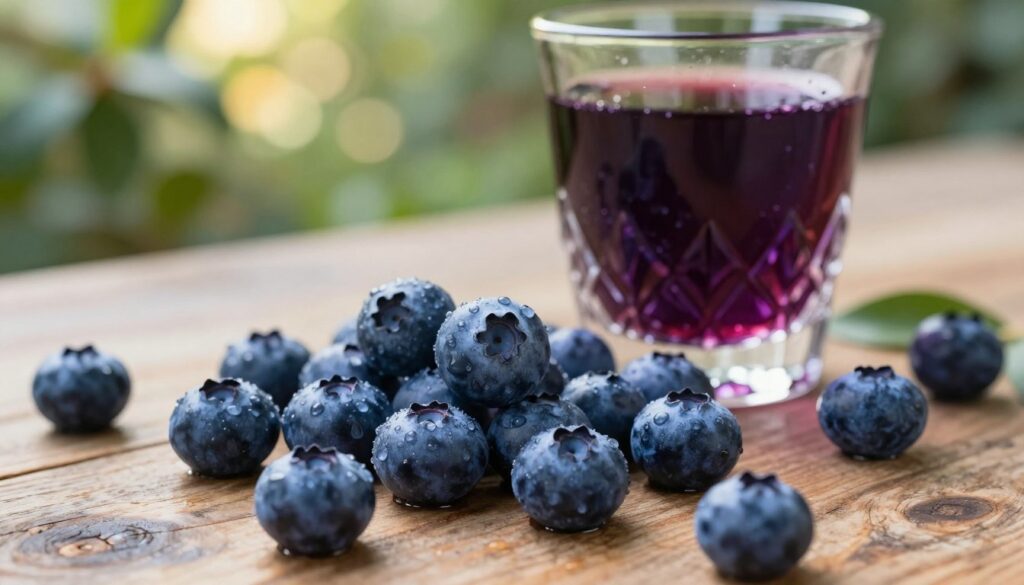 A close-up composition featuring fresh, vibrant blueberries, glistening with morning dew. In the foreground, a cluster of plump, juicy blueberries rests on a rustic wooden table, their deep blue hue contrasting beautifully with the soft, earthy tones of the wood. In the middle, a crystal-clear glass filled with a rich blueberry liqueur captures light, showcasing its deep violet color and delicate texture. The background features a blurred garden setting with hints of greenery and soft sunlight filtering through the leaves, creating a serene and inviting atmosphere. The overall mood is warm and rustic, emphasizing the natural beauty and freshness of the ingredients essential for crafting homemade blueberry liqueur. A close-up composition featuring fresh, vibrant blueberries, glistening with morning dew. In the foreground, a cluster of plump, juicy blueberries rests on a rustic wooden table, their deep blue hue contrasting beautifully with the soft, earthy tones of the wood. In the middle, a crystal-clear glass filled with a rich blueberry liqueur captures light, showcasing its deep violet color and delicate texture. The background features a blurred garden setting with hints of greenery and soft sunlight filtering through the leaves, creating a serene and inviting atmosphere. The overall mood is warm and rustic, emphasizing the natural beauty and freshness of the ingredients essential for crafting homemade blueberry liqueur.