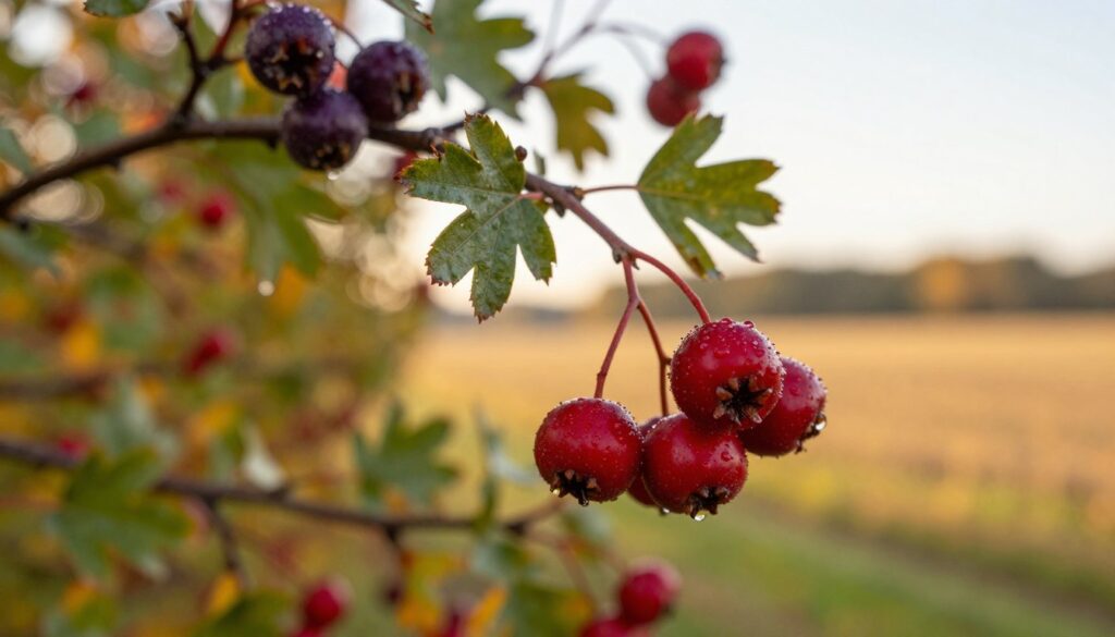 A close-up composition featuring vibrant red and dark purple hawthorn berries, glistening with morning dew. In the foreground, a cluster of ripe berries hangs from thorny branches, showcasing their textured skin and delicate leaves. The middle ground reveals blurred green foliage, suggesting a natural environment typical of autumn. The background captures a soft-focus landscape of golden fields under gentle, warm sunlight, creating an inviting atmosphere. The golden hour lighting enhances the colors, casting a soft glow over the scene. A shallow depth of field is utilized, bringing attention to the berries while providing a serene, tranquil vibe that reflects the beauty of gathering fruits in nature.