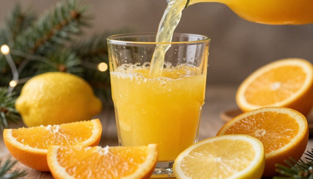 A close-up composition of fresh orange and lemon juice being poured into a glass, showcasing vibrant citrus colors. In the foreground, bright slices of orange and lemon lay artfully arranged next to the glass, glistening with droplets. The middle layer features the glass partially filled with the freshly squeezed juice, capturing its rich, golden hue illuminated by soft, warm lighting that evokes a cozy winter atmosphere. In the background, a subtle blurred view of traditional Christmas decor, with hints of pine and soft fairy lights, enhances the festive mood. The scene embodies warmth and tradition, inviting viewers to imagine the refreshing burst of citrus flavor that complements holiday beverages. A close-up composition of fresh orange and lemon juice being poured into a glass, showcasing vibrant citrus colors. In the foreground, bright slices of orange and lemon lay artfully arranged next to the glass, glistening with droplets. The middle layer features the glass partially filled with the freshly squeezed juice, capturing its rich, golden hue illuminated by soft, warm lighting that evokes a cozy winter atmosphere. In the background, a subtle blurred view of traditional Christmas decor, with hints of pine and soft fairy lights, enhances the festive mood. The scene embodies warmth and tradition, inviting viewers to imagine the refreshing burst of citrus flavor that complements holiday beverages.
