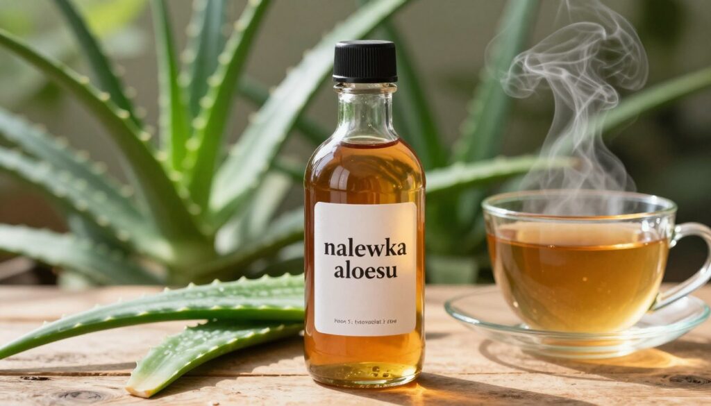 A close-up composition showcasing a bottle of homemade "nalewka aloesu," with its distinct amber hue, set against a softly blurred backdrop of lush green aloe vera plants. In the foreground, the bottle is artfully arranged on a rustic wooden table with wisps of steam rising from a warm cup of herbal tea, hinting at the infusion process. Natural sunlight filters through the scene, casting gentle shadows that enhance the organic feel of the setting. The atmosphere is warm and inviting, reflecting health and wellness. The image captures the rich texture of the aloe leaves and the clarity of the nalewka, evoking a sense of comfort and homemade care. No text or distractions, just a serene focus on the beauty of natural ingredients.